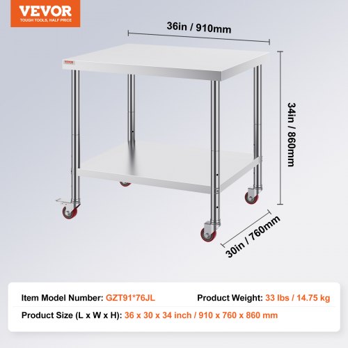 Tavolo Da Lavoro In Acciaio Inox 61x60 Cm - Con 4 Ruote Girevoli Frenate, Portata 300 Kg, Per Cucina Professionale