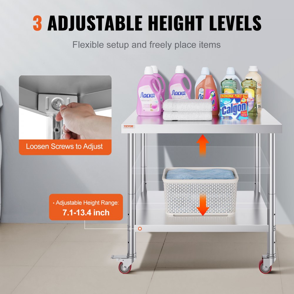 VEVOR Tavolo di Lavoro per Cucina Commerciale in Acciaio Inox Ripiano Doppio con Ruote 90 x 76 x 82 cm, Piano di Lavoro per Cucina Uso Commerciale in Acciaio Inox Capacità Carico Totale160kg 2 Piani