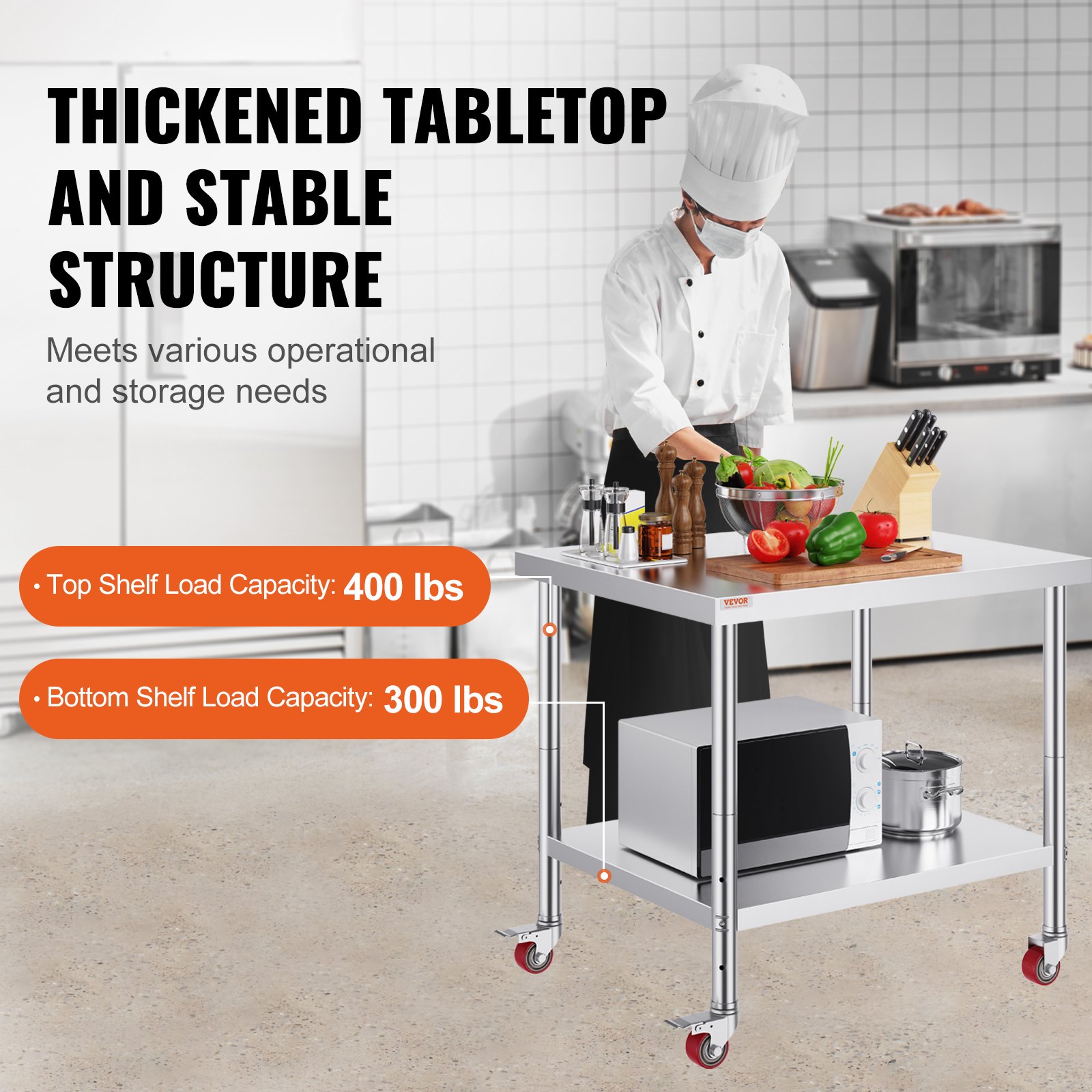 VEVOR Tavolo di Lavoro per Cucina Commerciale in Acciaio Inox Ripiano Doppio con Ruote 90 x 76 x 82 cm, Piano di Lavoro per Cucina Uso Commerciale in Acciaio Inox Capacità Carico Totale160kg 2 Piani