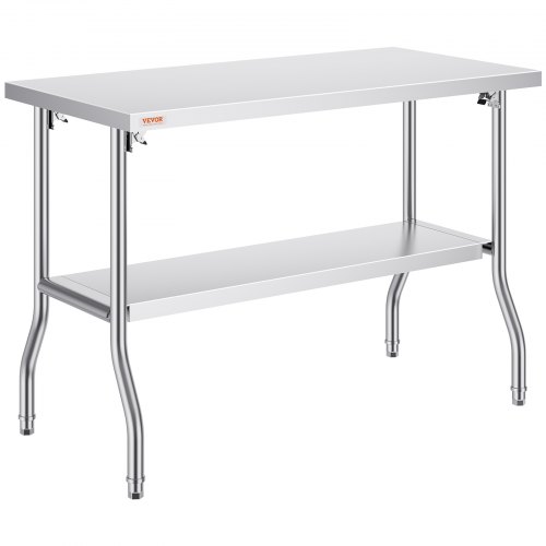 VEVOR Tavolo Acciaio Inox Professionali Capacità Carico da 130kg, Tavolo da Lavoro per Cucina Gastronomia Tavolo da Lavoro, 2 Piani Pieghevole 122 x 61 x 85 cm Lavoro Commerciale per Ristorante Cucina