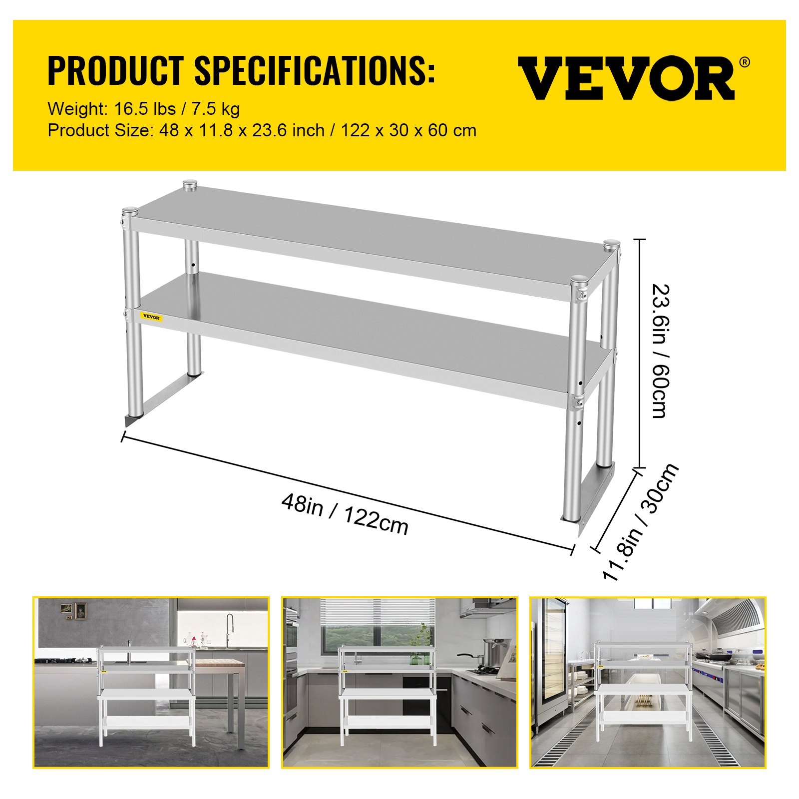 VEVOR Scaffale doppio in acciaio inox a 2 ripiani 12" x 48" per tavolo di preparazione