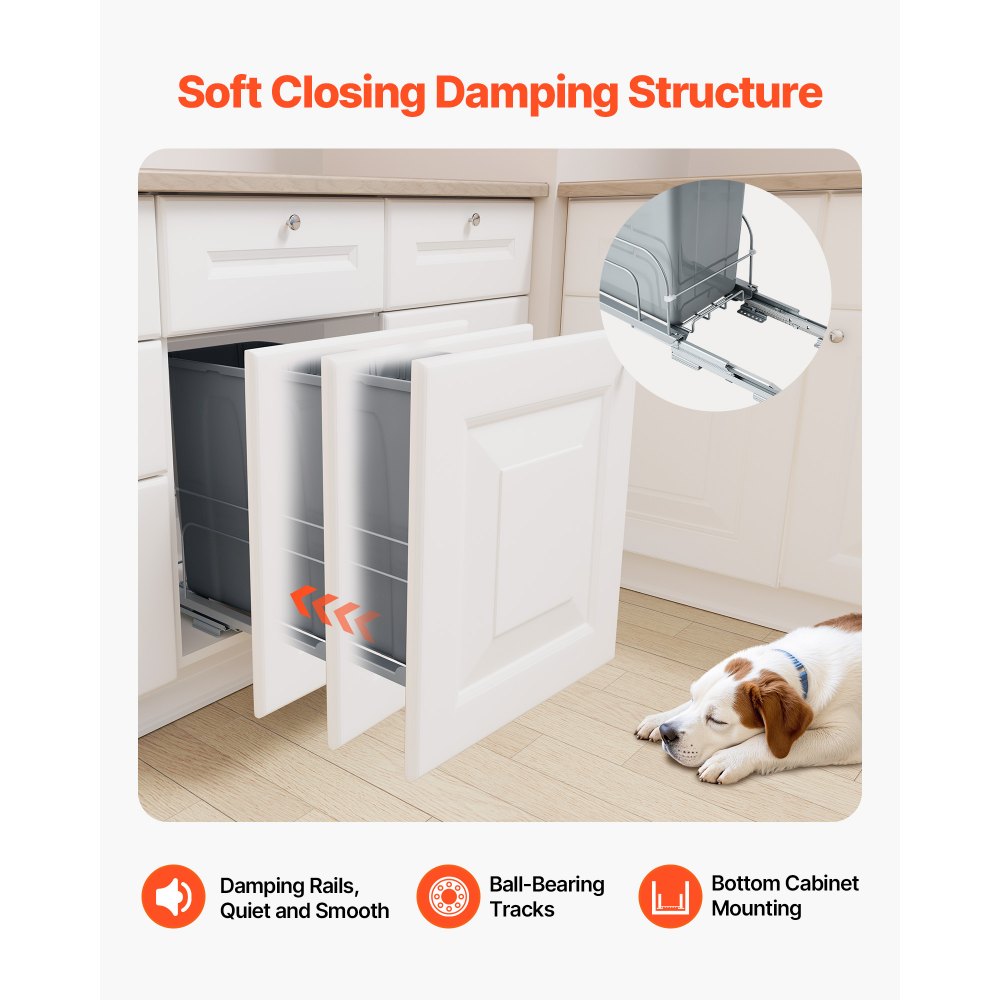 VEVOR Pullout Trash Can for Kitchen Cabinets, Garbage Waste Recycling Bin, Under Mount Waste Container, with Heavy Duty Metal Soft Close Sliding System and Door Kit, for Sink, Under Counter