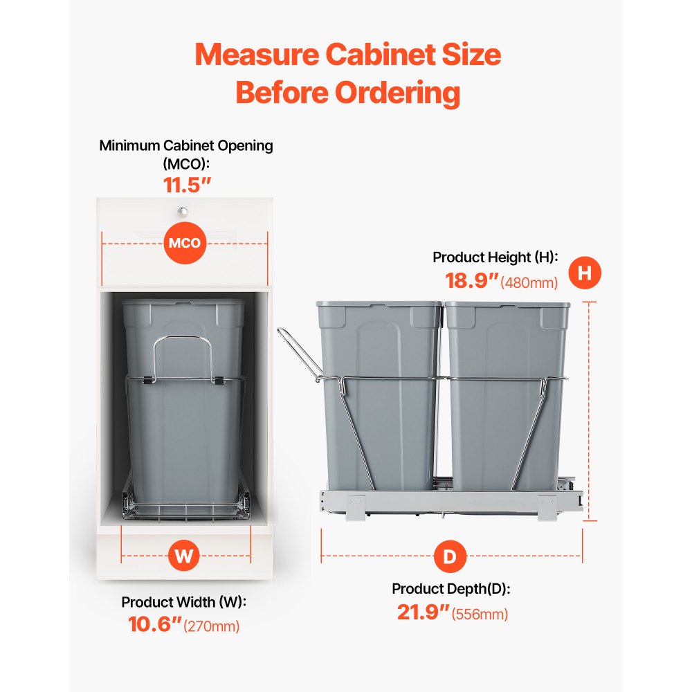 VEVOR Pullout Trash Can for Kitchen Cabinets,Double Under Sink Garbage Waste Recycling Bin, Under Mount Waste Container, with Heavy Duty Metal Full Extension Sliding System and Handle