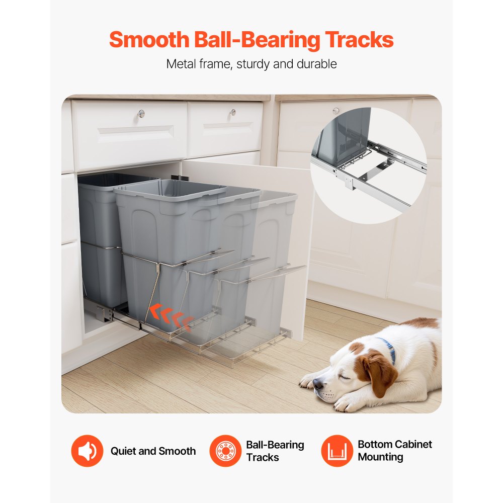 VEVOR Pullout Trash Can for Kitchen Cabinets,Double Under Sink Garbage Waste Recycling Bin, Under Mount Waste Container, with Heavy Duty Metal Full Extension Sliding System and Handle