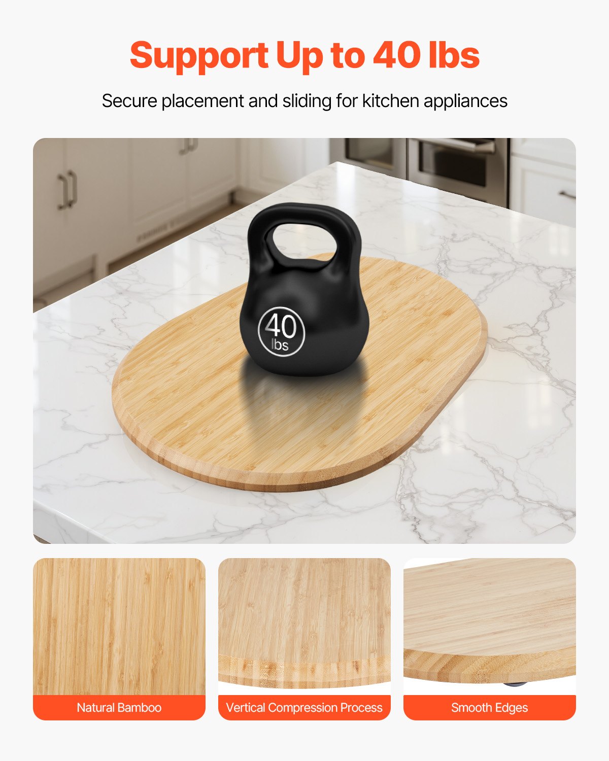 VEVOR oval board, 399x282x23 mm, base compatible with stand mixers, bamboo board with PTFE feet, prevents steam damage to cabinets, wooden board, ideal for food processors