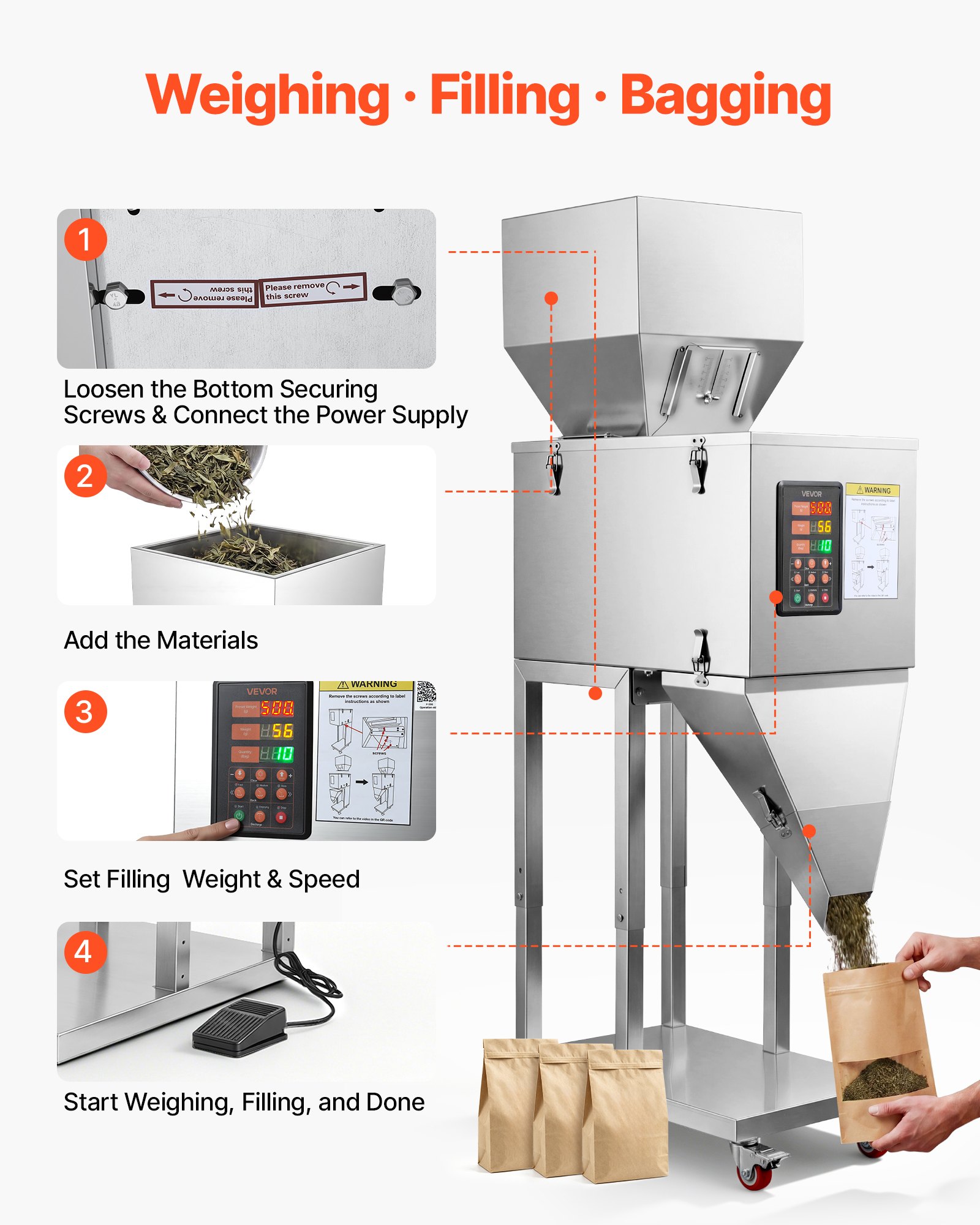 VEVOR Macchina Dosatrice Automatica per Polveri e Granuli, 10-999 g Argento, Dosatore Automatico con Pedale in Acciaio Inox, Pesatura Intelligente per Granuli, per Caffè, Cereali, Tè e Spezie, Argento