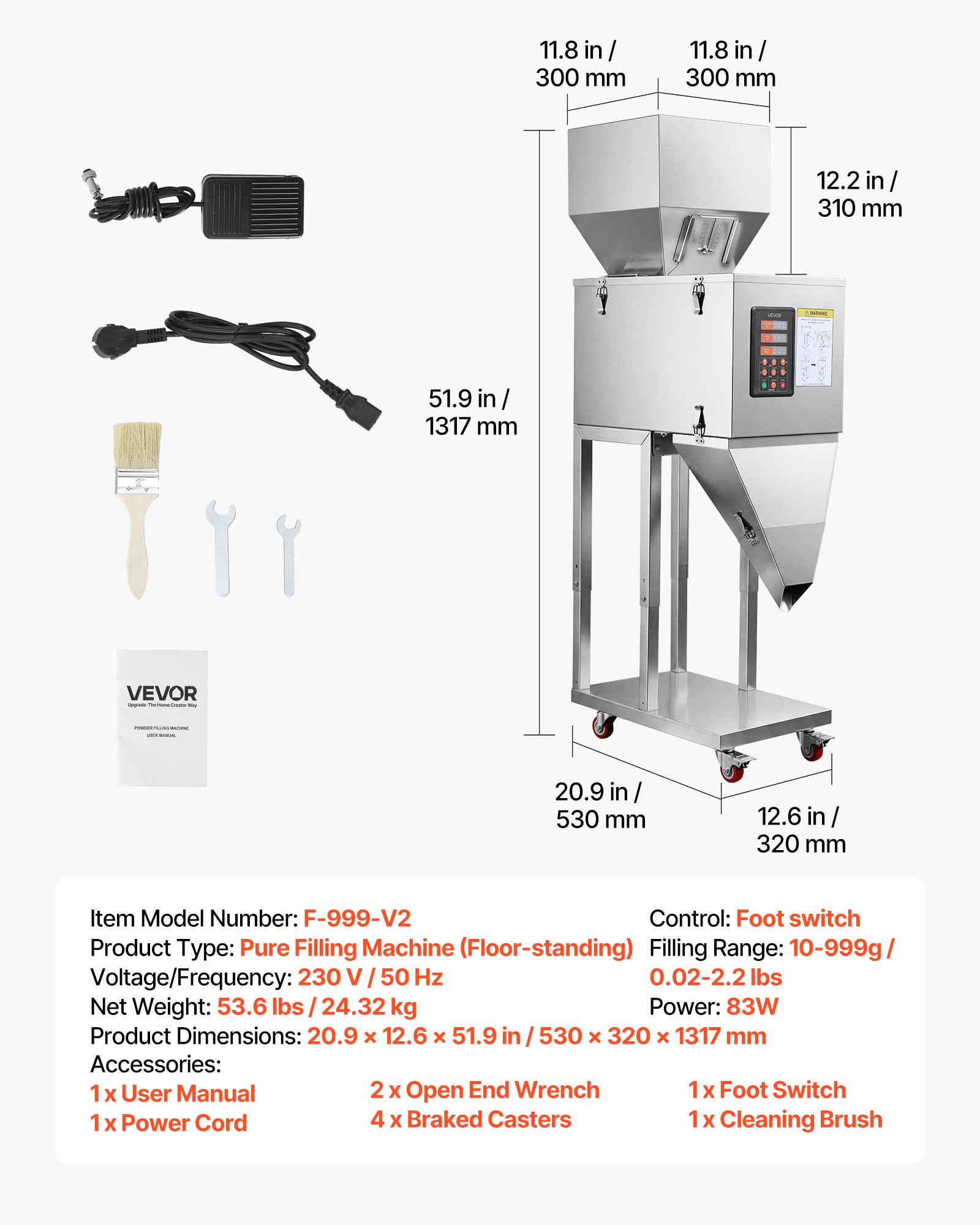 VEVOR Macchina Dosatrice Automatica per Polveri e Granuli, 10-999 g Argento, Dosatore Automatico con Pedale in Acciaio Inox, Pesatura Intelligente per Granuli, per Caffè, Cereali, Tè e Spezie, Argento