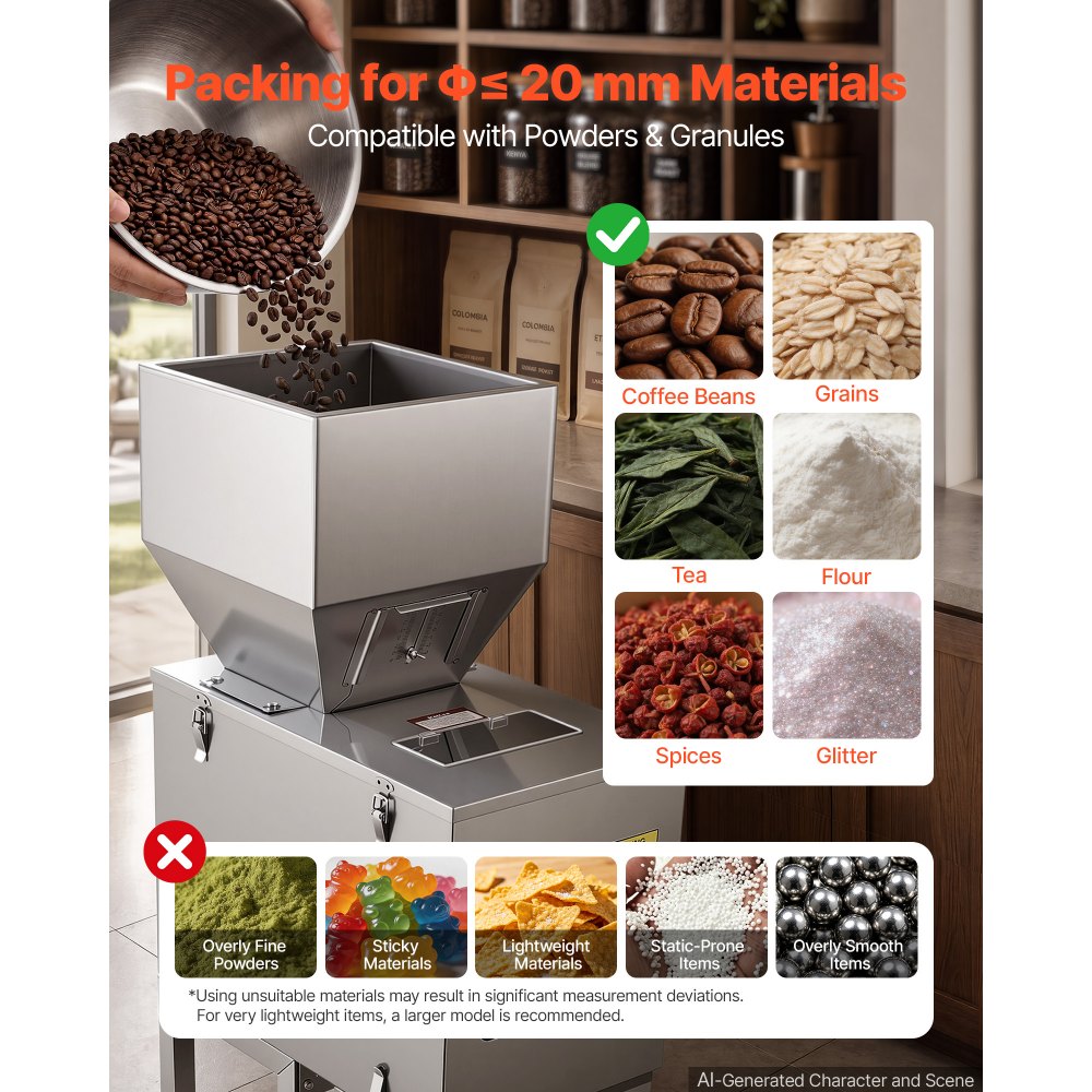 VEVOR Macchina Dosatrice Automatica per Polveri e Granuli 20-3000 g Argento, Dosatore Automatico per Granuli con Pedale in Acciaio Inox, Pesatura Intelligente, per Caffè, Cereali, Tè e Spezie, Argento