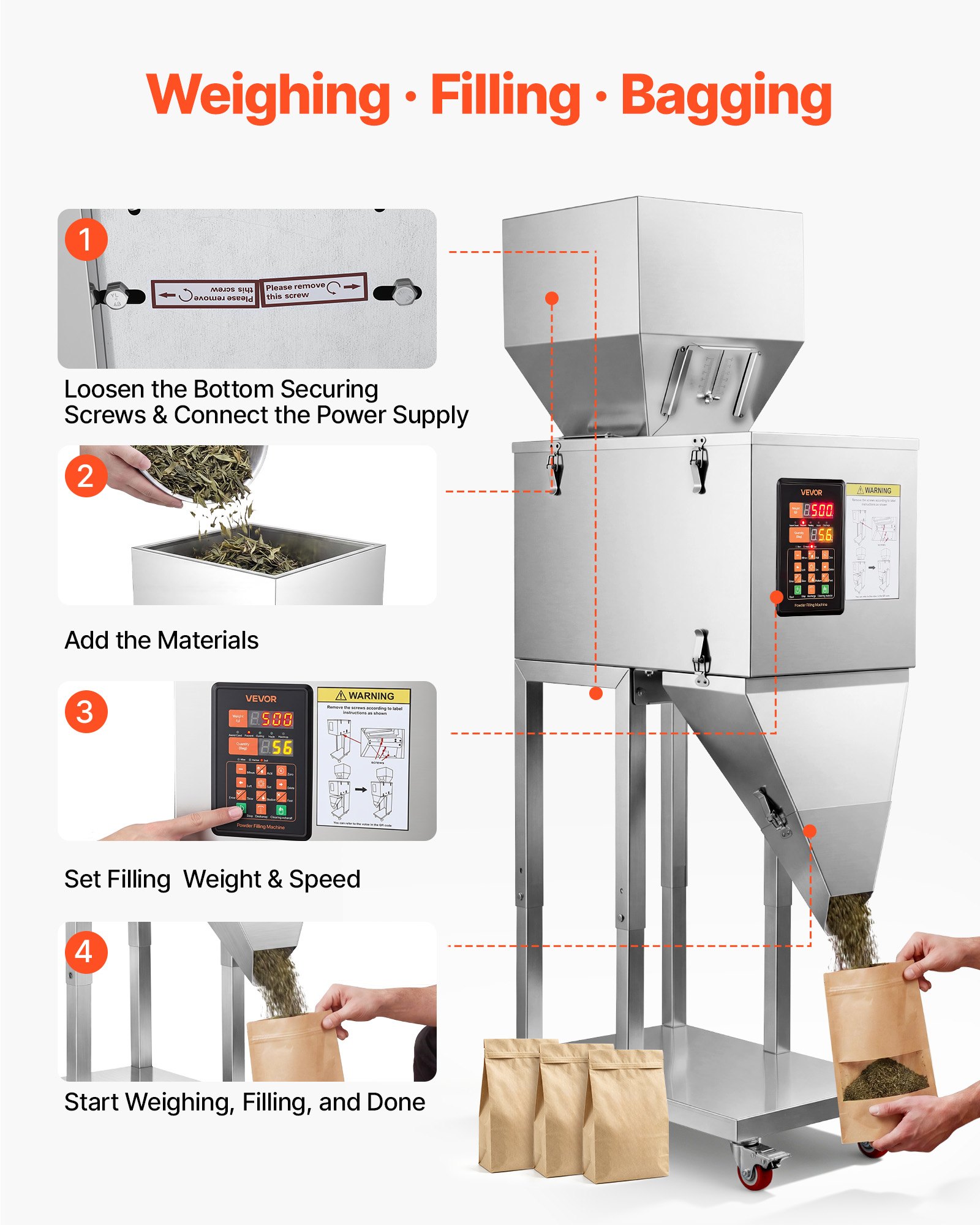 VEVOR Macchina Dosatrice Automatica per Polveri e Granuli 20-3000 g Argento, Dosatore Automatico per Granuli con Pedale in Acciaio Inox, Pesatura Intelligente, per Caffè, Cereali, Tè e Spezie, Argento