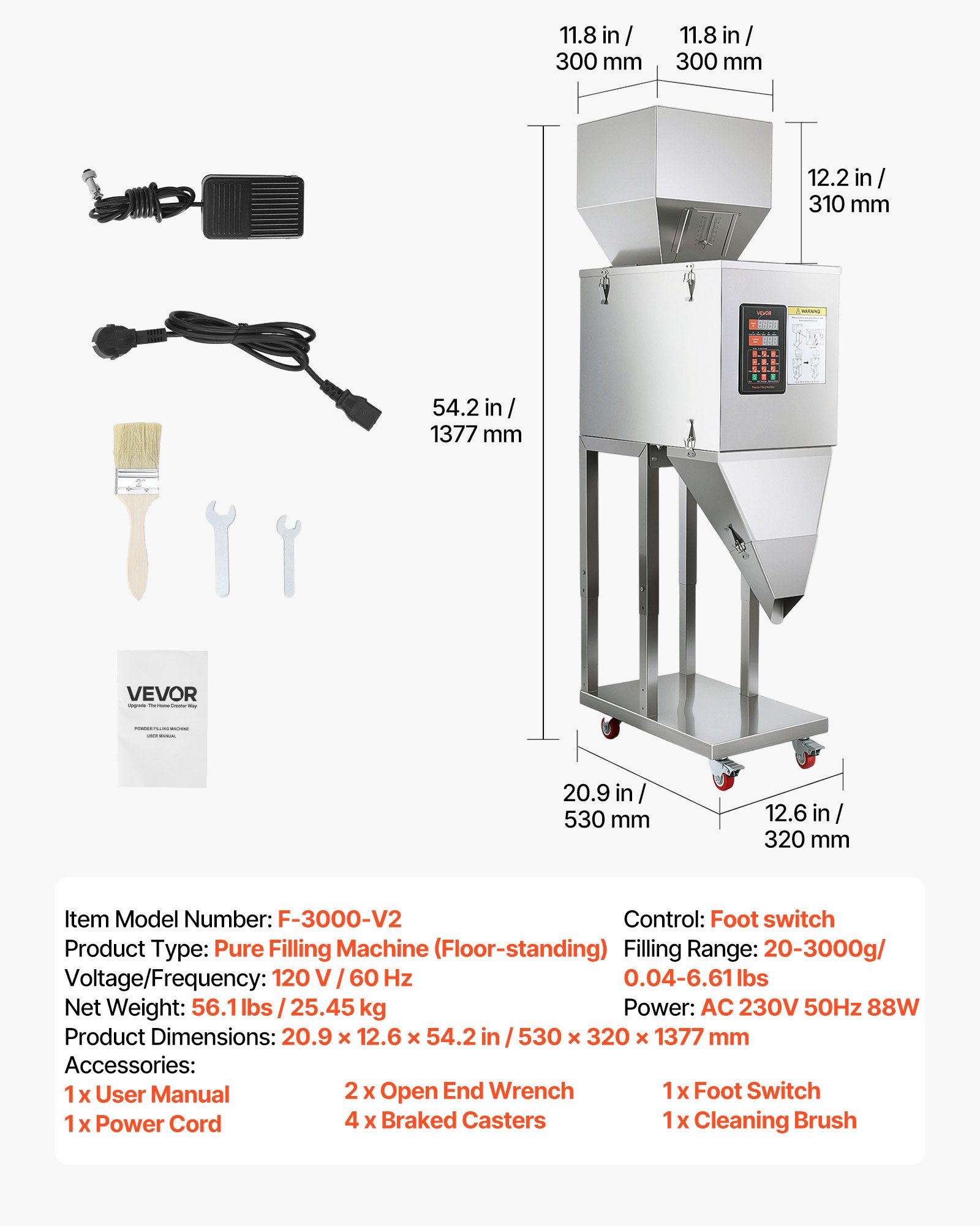 VEVOR Macchina Dosatrice Automatica per Polveri e Granuli 20-3000 g Argento, Dosatore Automatico per Granuli con Pedale in Acciaio Inox, Pesatura Intelligente, per Caffè, Cereali, Tè e Spezie, Argento