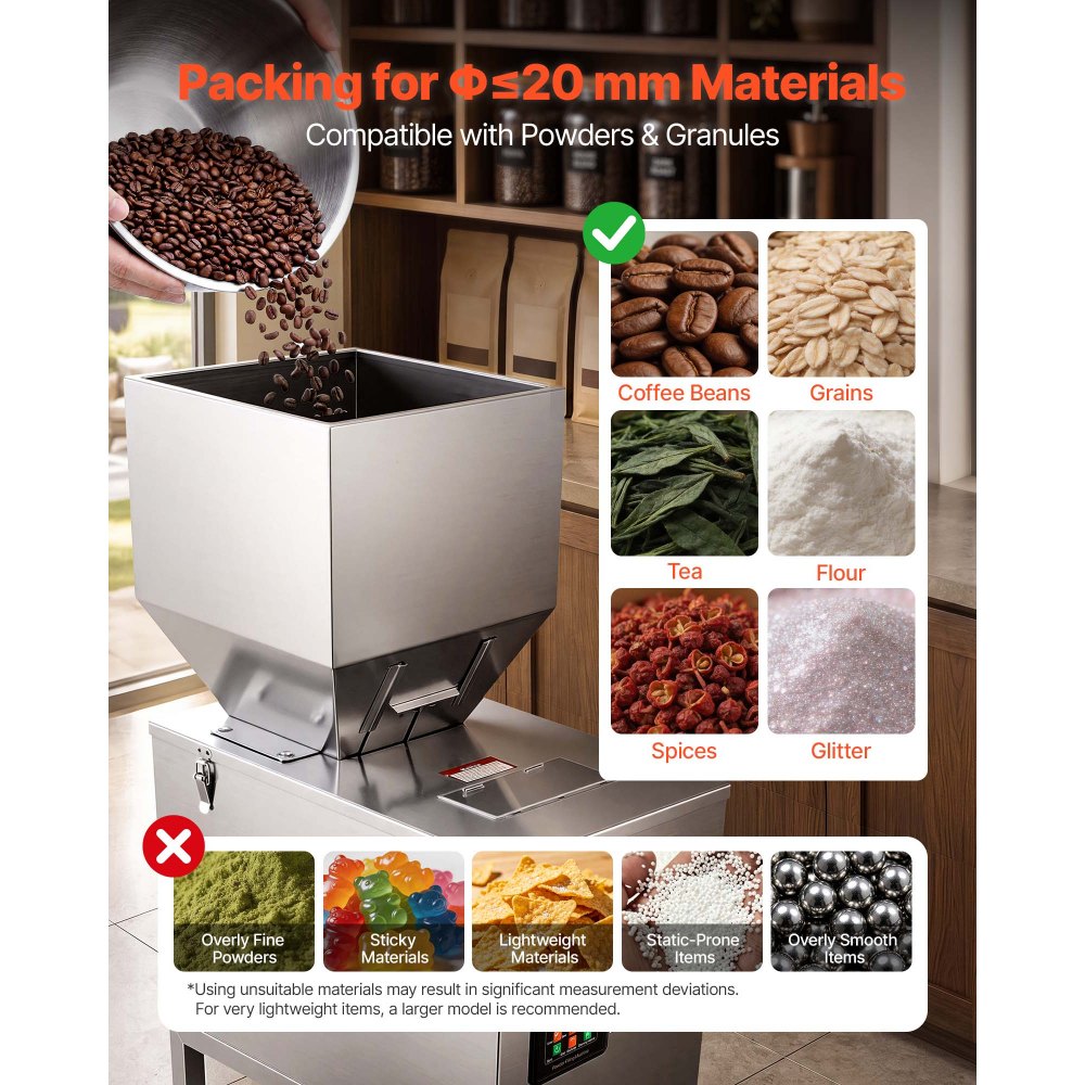 VEVOR Macchina Dosatrice Automatica per Polveri e Granuli 20-5000 g Argento, Dosatore Automatico per Granuli con Pedale in Acciaio Inox, Pesatura Intelligente, Alta Precisione, per Caffè, Cereali e Tè