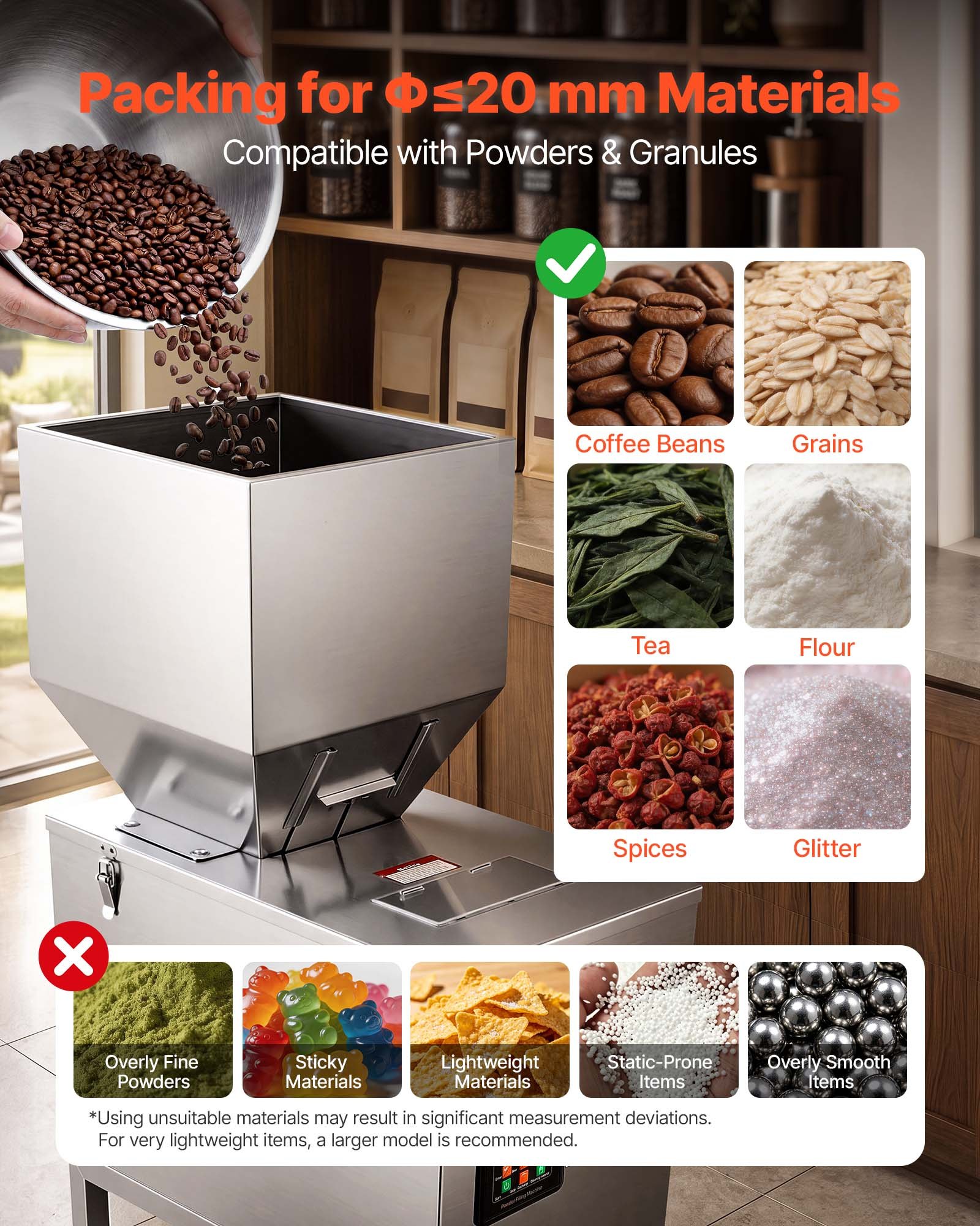 VEVOR Macchina Dosatrice Automatica per Polveri e Granuli 20-5000 g Argento, Dosatore Automatico per Granuli con Pedale in Acciaio Inox, Pesatura Intelligente, Alta Precisione, per Caffè, Cereali e Tè