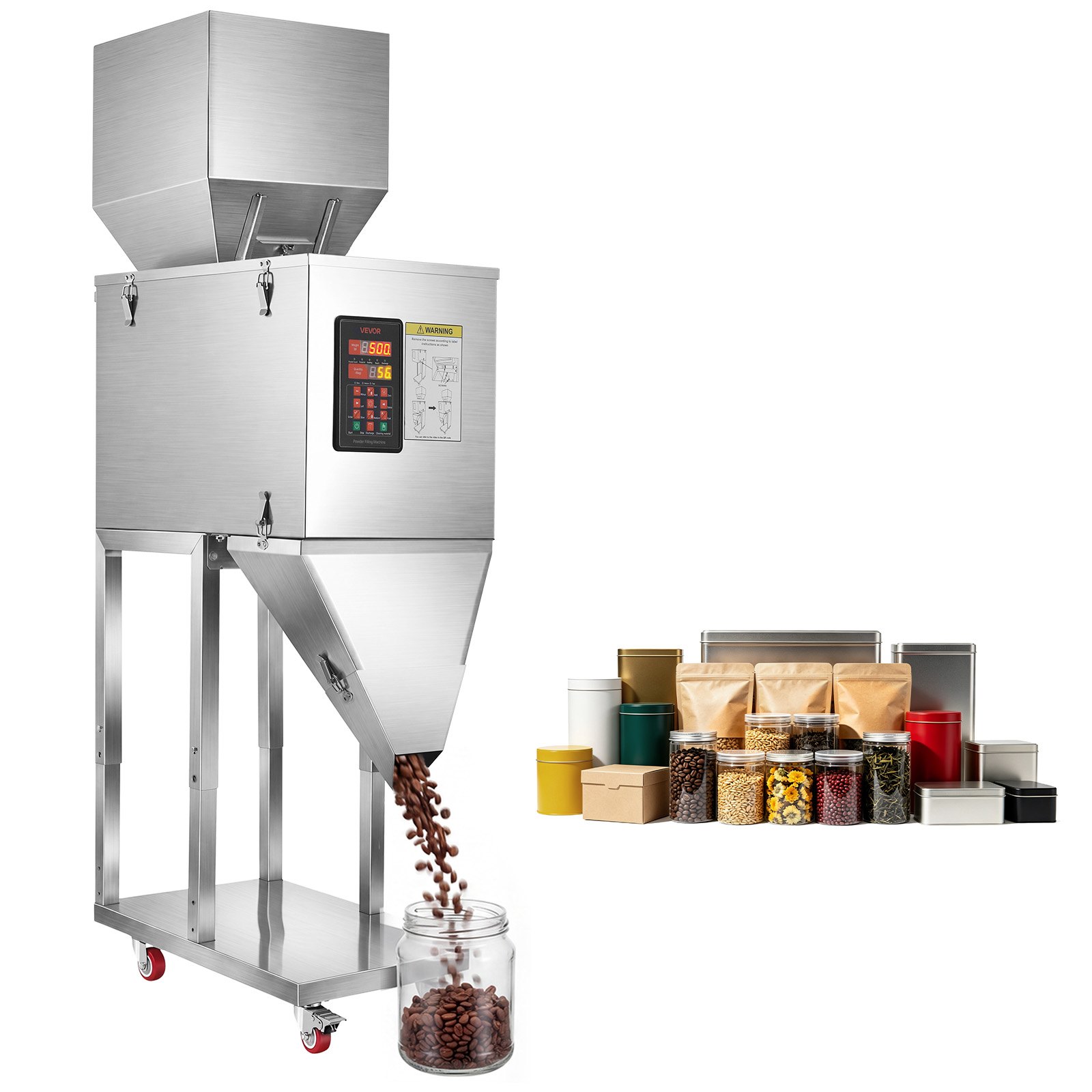 VEVOR Macchina Dosatrice Automatica per Polveri e Granuli 20-5000 g Argento, Dosatore Automatico per Granuli con Pedale in Acciaio Inox, Pesatura Intelligente, Alta Precisione, per Caffè, Cereali e Tè