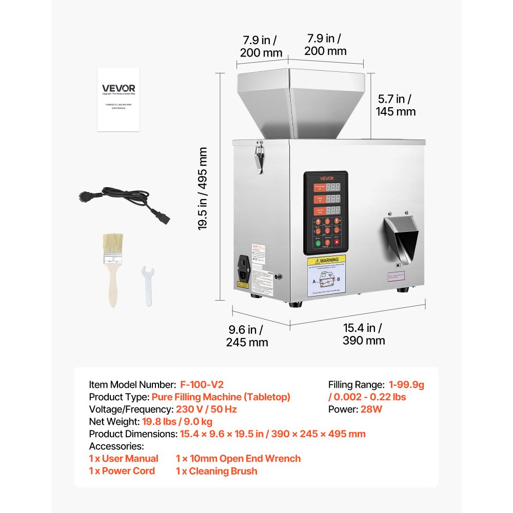VEVOR Powder Filling Machine, 1-99.9g Automatic Particle Dispenser, High Accuracy, Premium Stainless Steel, Intelligent Weighing Dispensing Filler for Coffee Beans, Grains, Tea, Spices, Silver