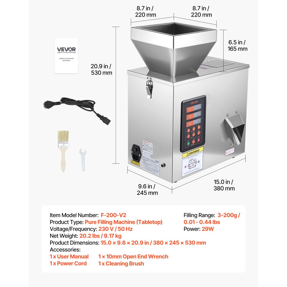 VEVOR Macchina Dosatrice Automatica per Polveri e Granuli, 3-200 g, Argento, Dosatore ad Alta Precisione in Acciaio Inox, Macchina Pesatura Intelligente per Granuli, per Caffè, Cereali, Tè e Spezie