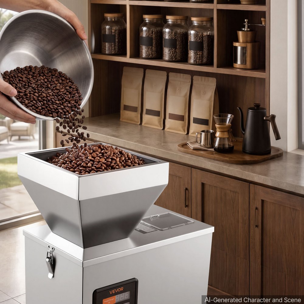 VEVOR Macchina Dosatrice Automatica per Polveri e Granuli, 3-200 g, Argento, Dosatore ad Alta Precisione in Acciaio Inox, Macchina Pesatura Intelligente per Granuli, per Caffè, Cereali, Tè e Spezie