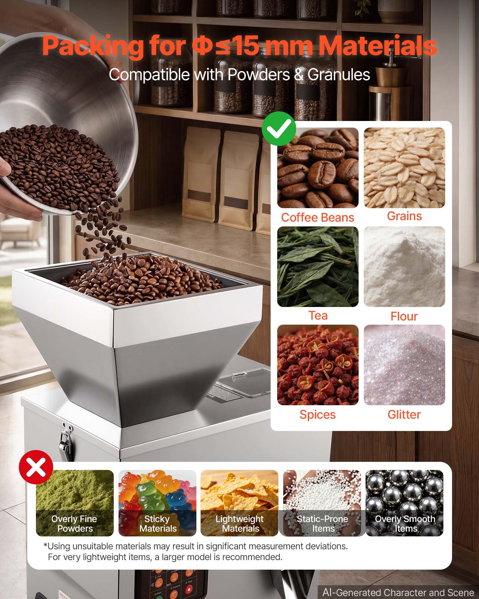 VEVOR Macchina Dosatrice Automatica per Polveri e Granuli, 3-200 g, Argento, Dosatore ad Alta Precisione in Acciaio Inox, Macchina Pesatura Intelligente per Granuli, per Caffè, Cereali, Tè e Spezie