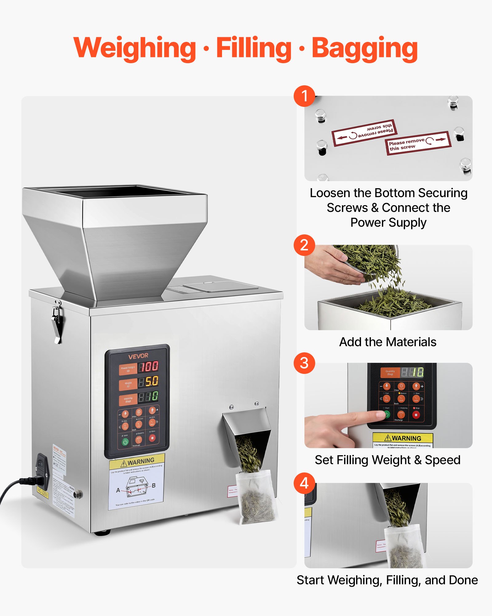 VEVOR Macchina Dosatrice Automatica per Polveri e Granuli, 3-200 g, Argento, Dosatore ad Alta Precisione in Acciaio Inox, Macchina Pesatura Intelligente per Granuli, per Caffè, Cereali, Tè e Spezie