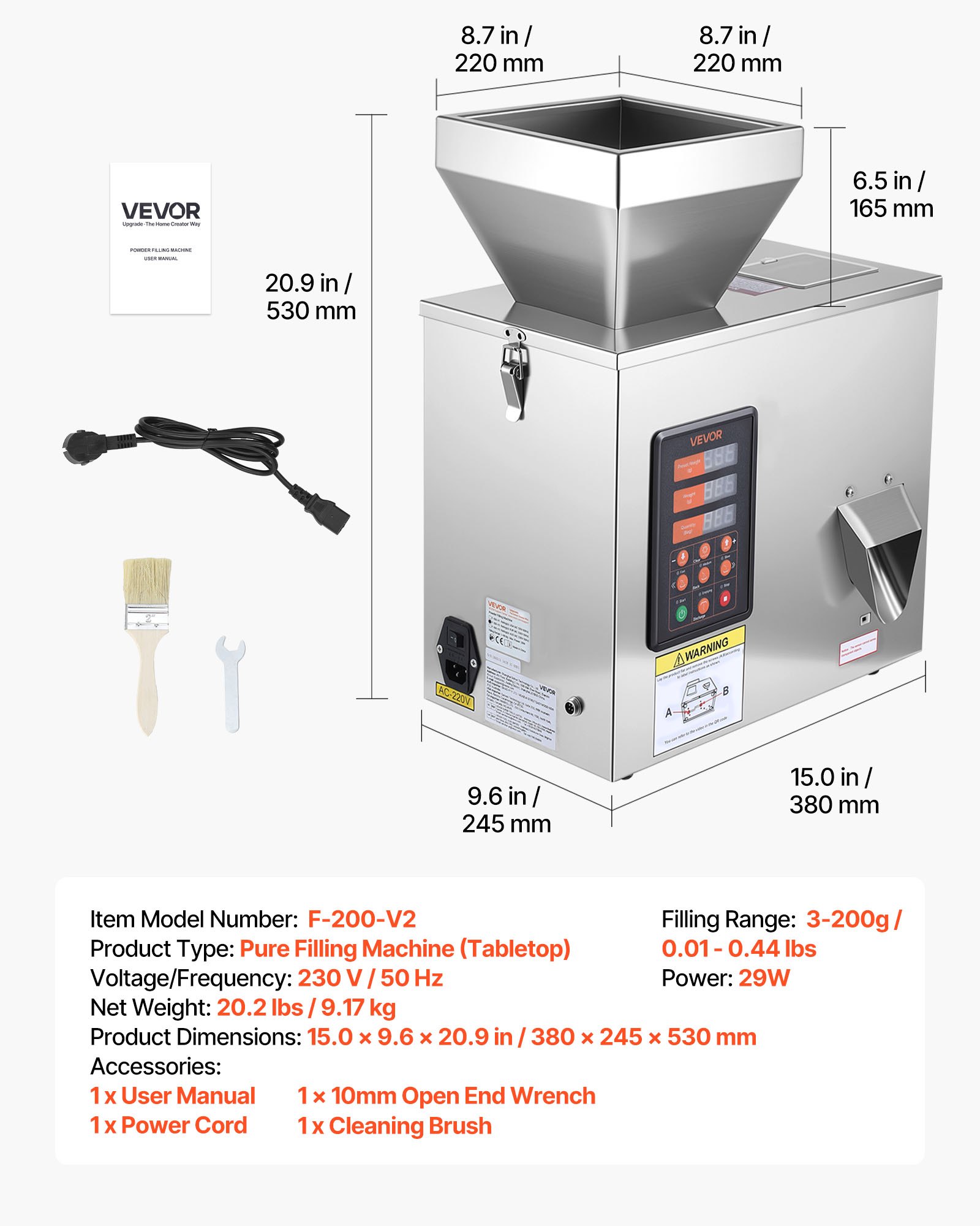 VEVOR Macchina Dosatrice Automatica per Polveri e Granuli, 3-200 g, Argento, Dosatore ad Alta Precisione in Acciaio Inox, Macchina Pesatura Intelligente per Granuli, per Caffè, Cereali, Tè e Spezie