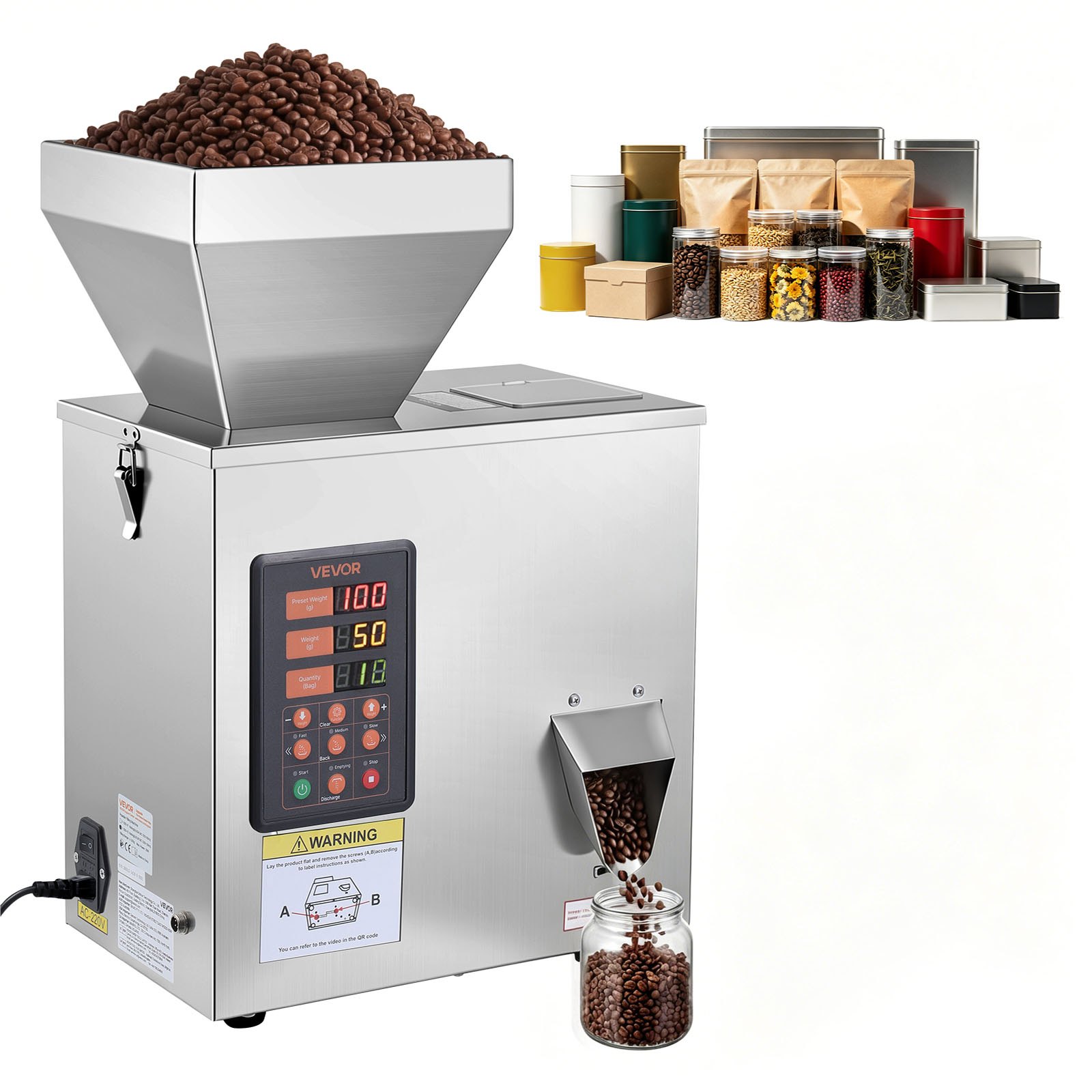 VEVOR Macchina Dosatrice Automatica per Polveri e Granuli, 3-200 g, Argento, Dosatore ad Alta Precisione in Acciaio Inox, Macchina Pesatura Intelligente per Granuli, per Caffè, Cereali, Tè e Spezie