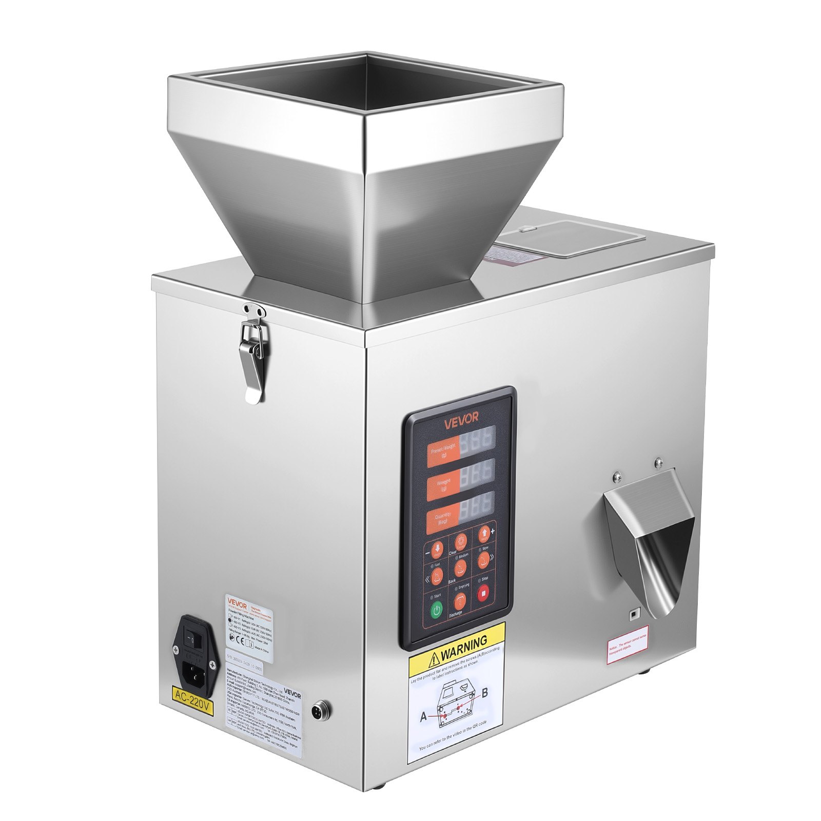 VEVOR Macchina Dosatrice Automatica per Polveri e Granuli, 3-200 g, Argento, Dosatore ad Alta Precisione in Acciaio Inox, Macchina Pesatura Intelligente per Granuli, per Caffè, Cereali, Tè e Spezie