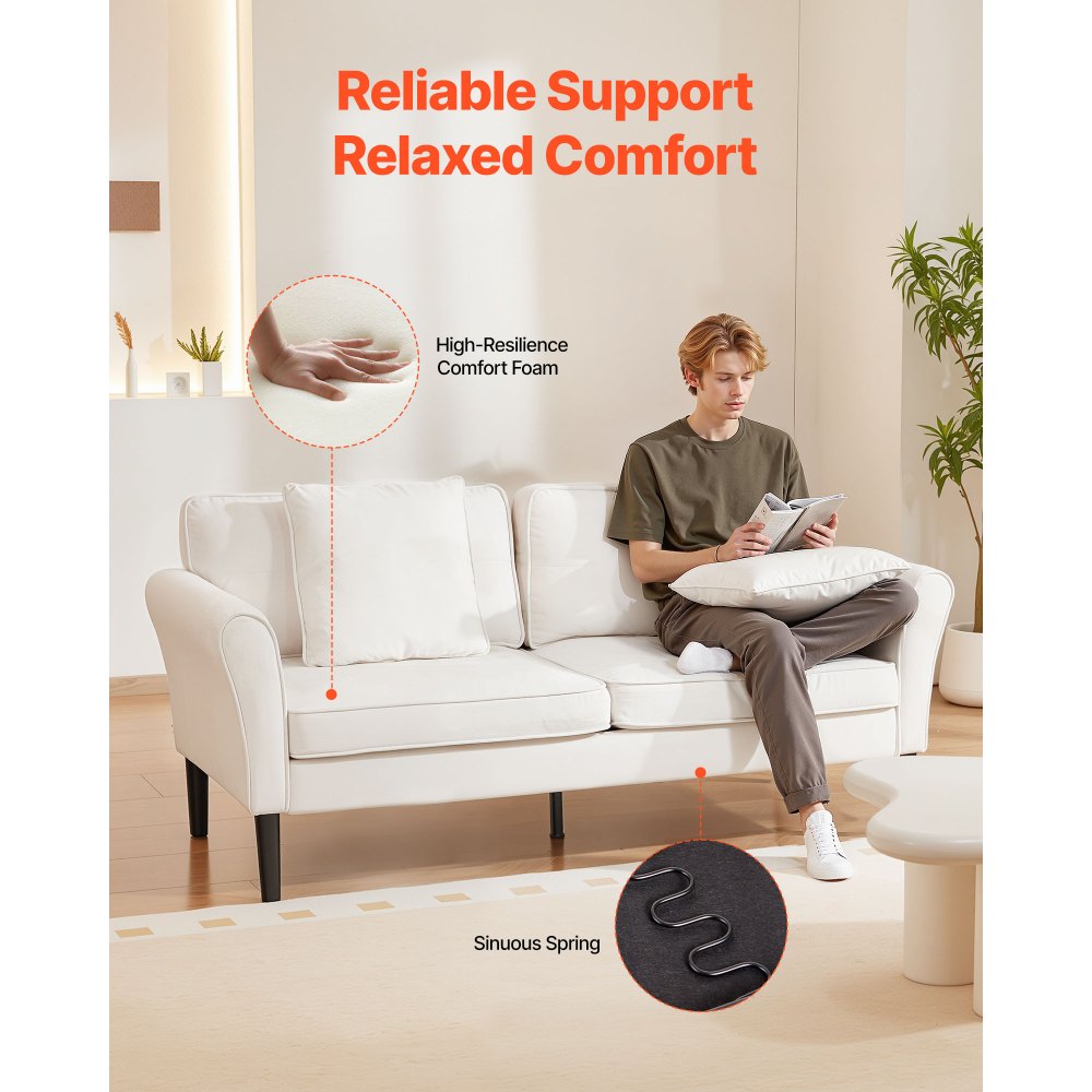 VEVOR Divano a 2 Posti Lunghezza 176 cm, Divano in Velluto a Coste con Molle Cuscini Morbidi Struttura Robusta per Soggiorno, Poltrona per Camera da Letto, Ufficio Appartamento, Bianco