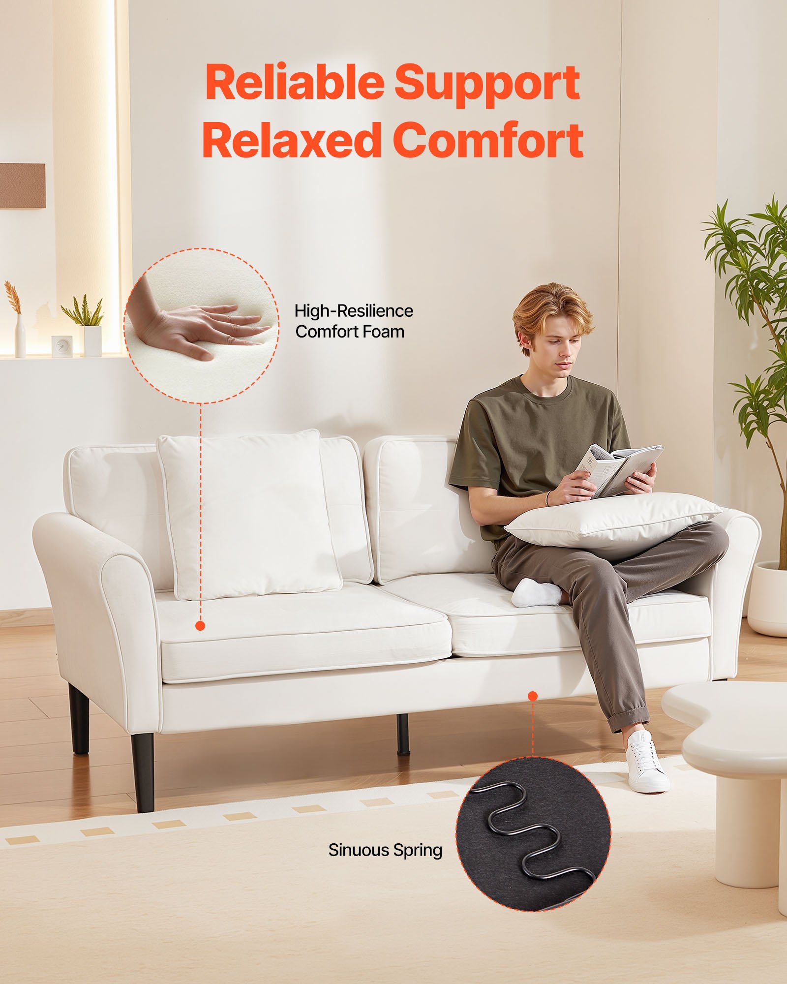 VEVOR Loveseat Sofa, 176 cm Small Sofa Couch for Living Room, Velvet Fabric 2-Seats Couch with Sinuous Spring, Soft Cushions and Sturdy Frame, Comfy Loveseat for Bedroom, Office or Apartment, White