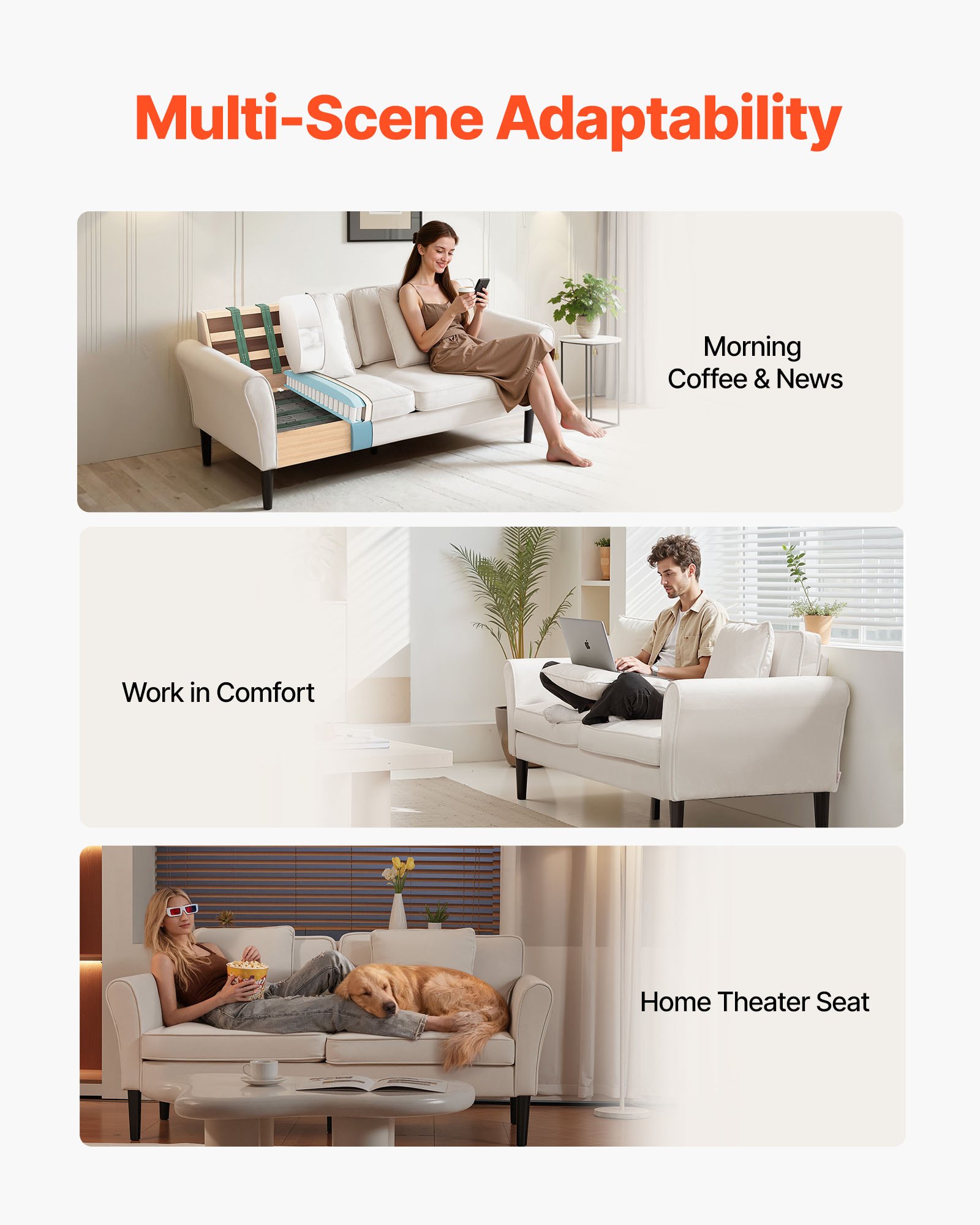 VEVOR Loveseat Sofa, 176 cm Small Sofa Couch for Living Room, Velvet Fabric 2-Seats Couch with Sinuous Spring, Soft Cushions and Sturdy Frame, Comfy Loveseat for Bedroom, Office or Apartment, White