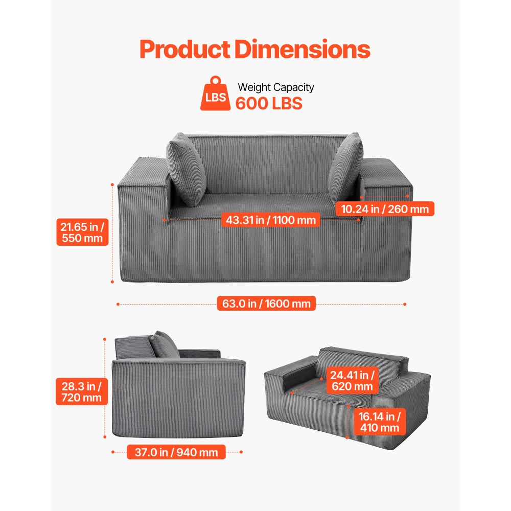 VEVOR Loveseat Sofa, 160 cm 2-Seats Couch for Living Room, Modern Small Corduroy Couch with Pocket Springs, Soft Cushions, Comfy Loveseat for Bedroom, Office or Apartment, No Assembly Required, Gray