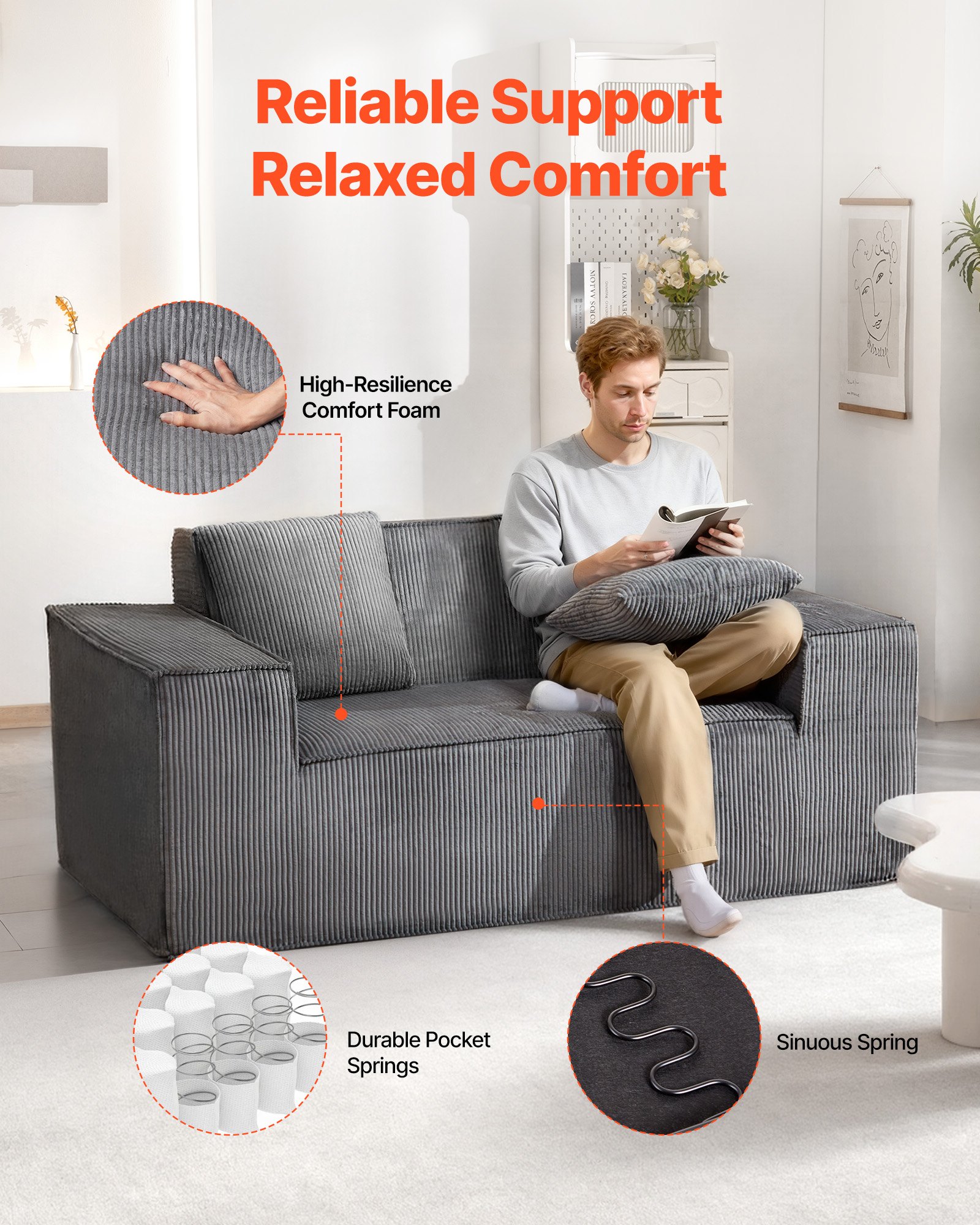 VEVOR Loveseat Sofa, 160 cm 2-Seats Couch for Living Room, Modern Small Corduroy Couch with Pocket Springs, Soft Cushions, Comfy Loveseat for Bedroom, Office or Apartment, No Assembly Required, Gray