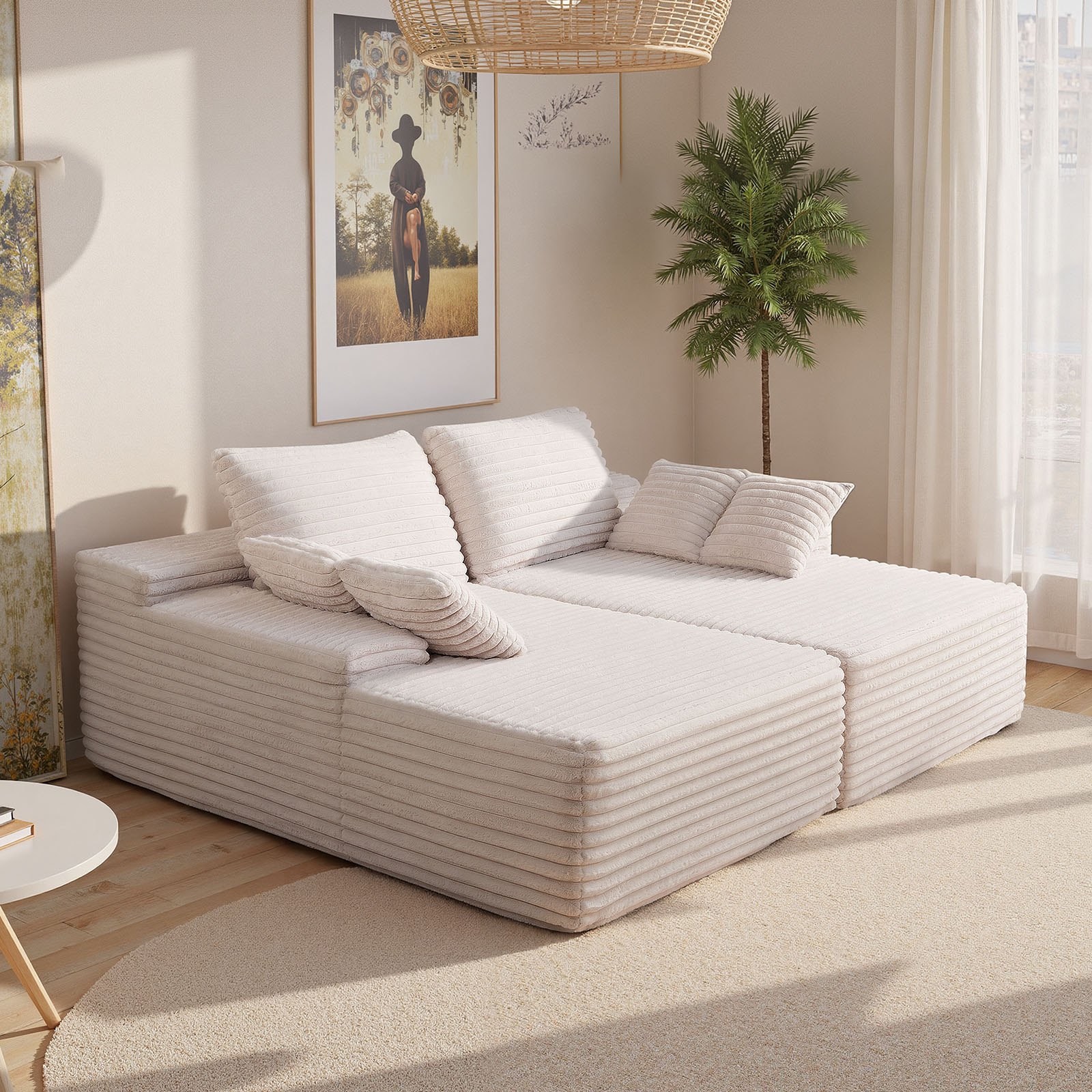 VEVOR 210 cm Oversized Double Chaise Lounge, Corduroy Fabric Sectional Sofa, Cozy Deep Seat Loveseat Sofa with Soft Cushions and Throw Pillows for Living Room Bedroom, No Assembly Required, Beige