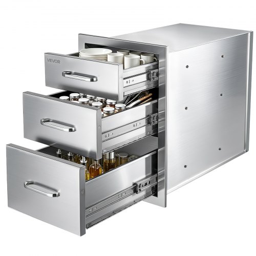 VEVOR Modulo Cassetto per Cucina da Esterno in Acciaio Inox con 3 Ripiani 368 x 521 x 571 mm, Bancone Postazione per Barbecue, da Giardino, Cortile, Isola Cucina, Cassetti Portaoggetti per Pentole