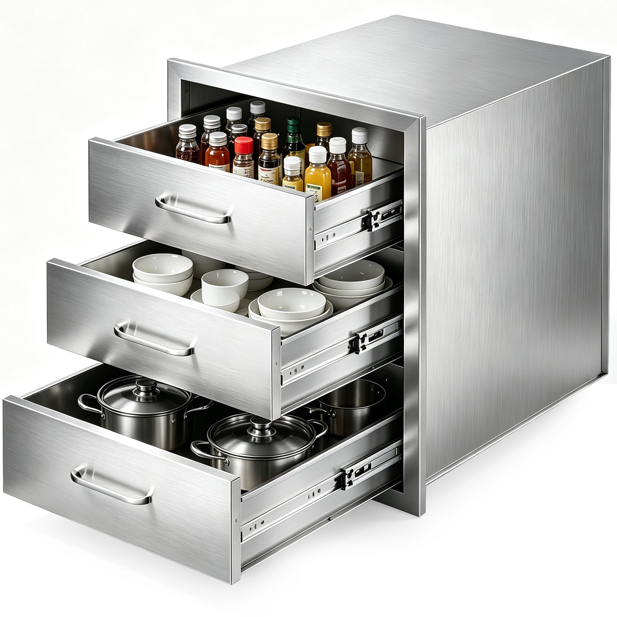 VEVOR Cassettiera per Barbecue da Esterno da 46 x 59 x 59 cm, Carico di 20 kg per Griglia con 3 Cassetti e Maniglie in Acciaio Inossidabile, per Cucina da Esterno e Isola per Griglia da Giardino