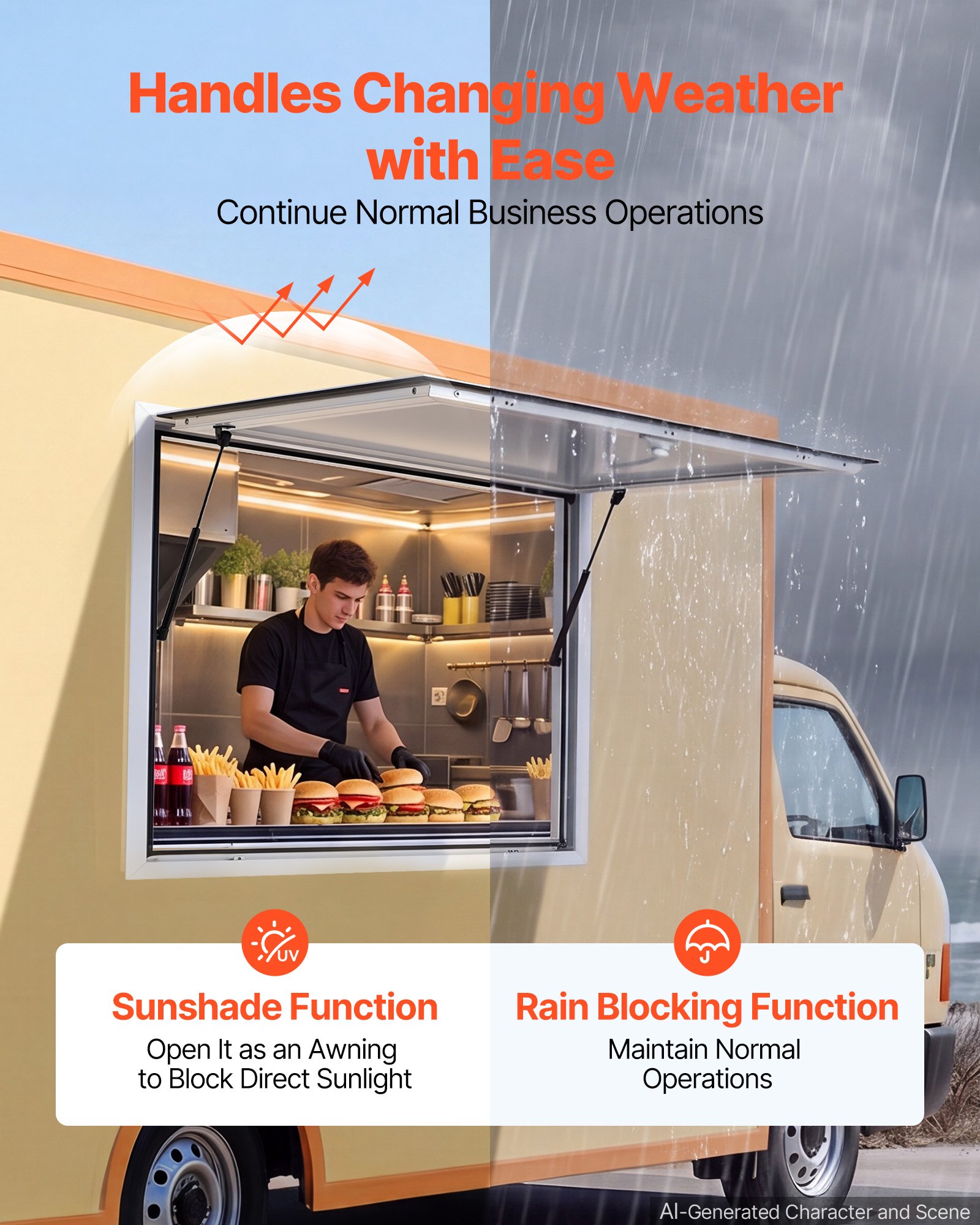 VEVOR Sportello di Servizio per Concessione 915 x 915 mm con Tendalino Telaio in Lega di Alluminio, Finestra Apertura fino a 85 Gradi, Resistente all Pioggia, per Food Truck, Punto di Vendita