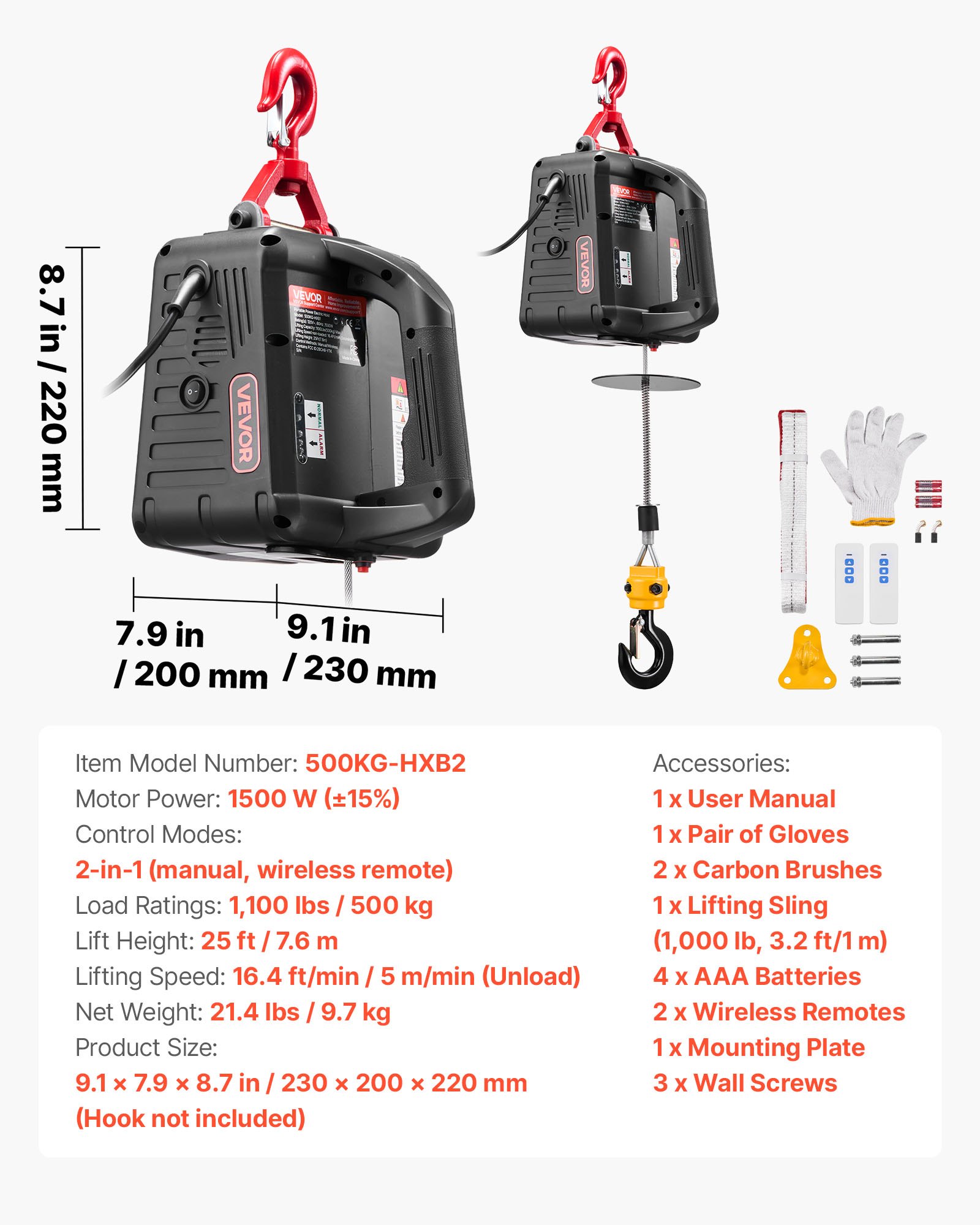 VEVOR Verricello Paranco Elettrico per Sollevamento di Carico, Capacità max. 500 kg, Argano Portatile da 1500 W, Altezza di Sollevamento 7,6 m, Telecomando Manuale e Wireless da Officina Garage