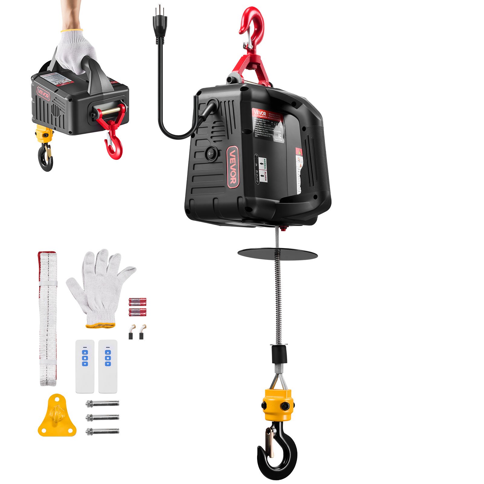 VEVOR Verricello Paranco Elettrico per Sollevamento di Carico, Capacità max. 500 kg, Argano Portatile da 1500 W, Altezza di Sollevamento 7,6 m, Telecomando Manuale e Wireless da Officina Garage