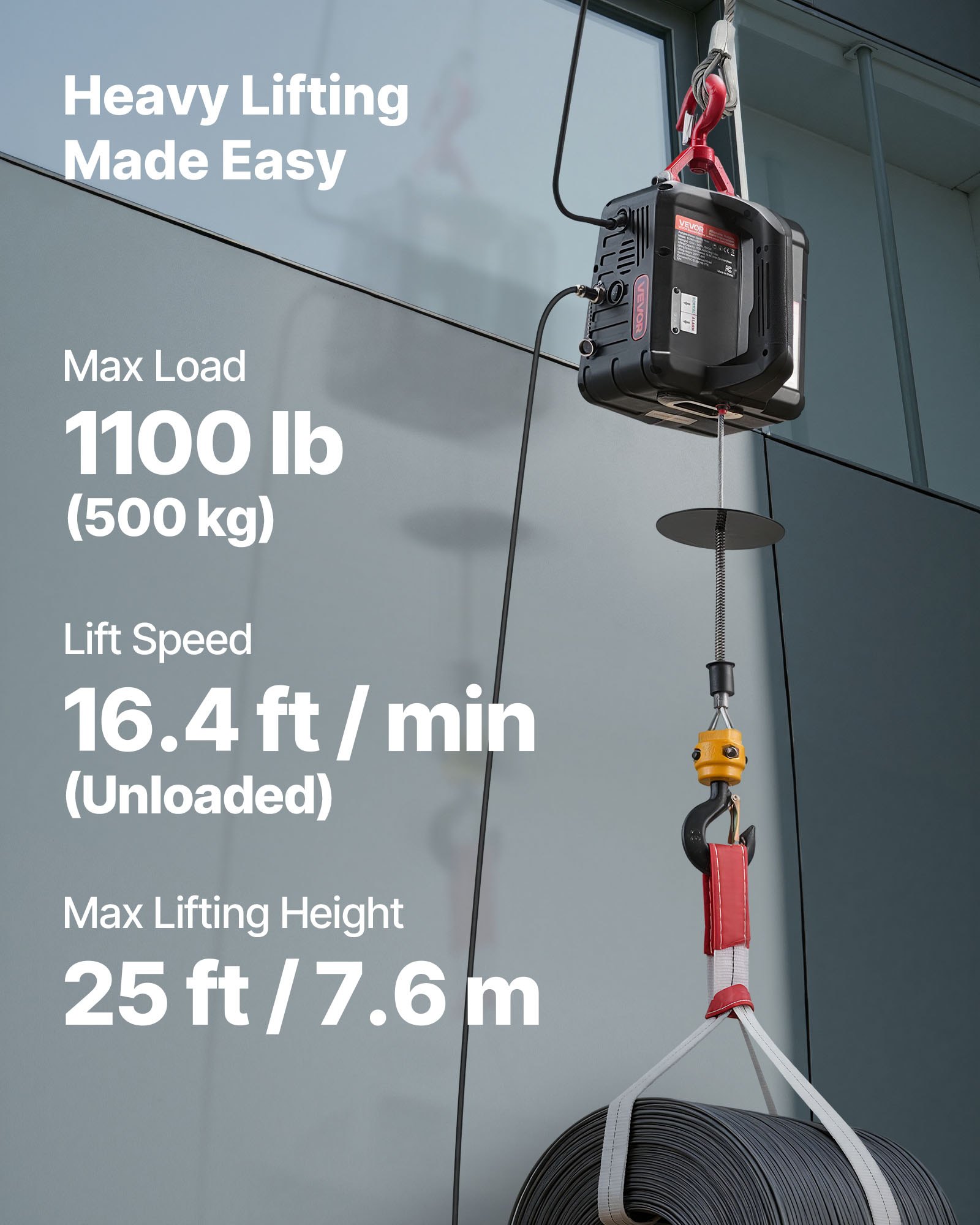 VEVOR Paranco Verricello Elettrico per Sollevamento di Carico Capacità max. 500 kg, Gru Portatile con Argano da 1500 W, Altezza di Sollevamento 7,6 m, Paranco Manuale Telecomandato Cablato