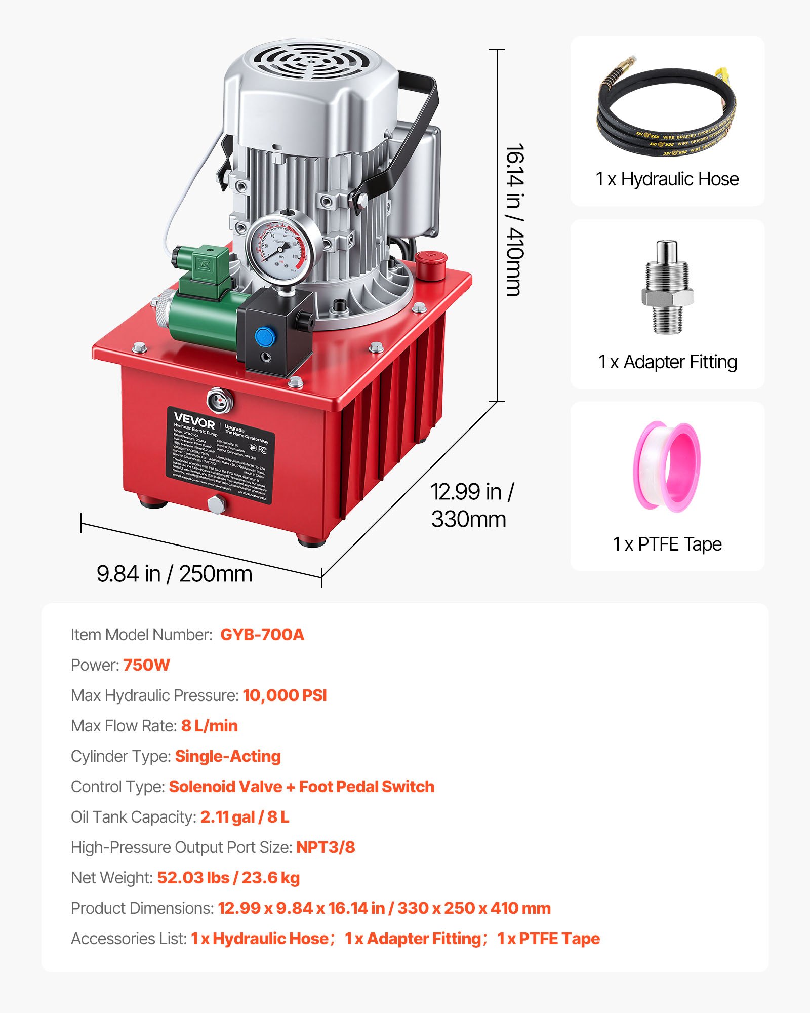 VEVOR Pompa Idraulica Elettrica 750 W a Effetto Singolo 10000 PSI, Pompa Elettroidraulica con Interruttore a Pedale, Centralina Idraulica con Serbatoio Olio Capienza 8 Litri per Punzonatrua Piegatura