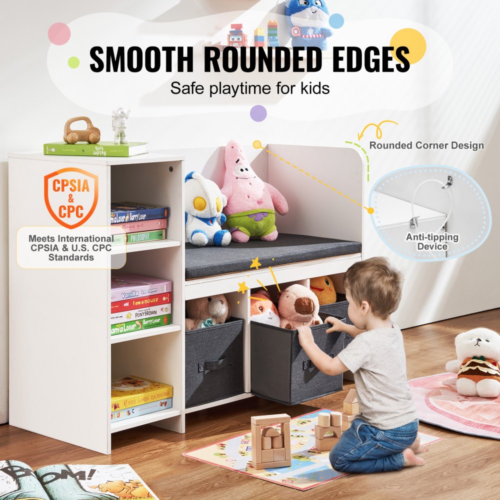 VEVOR Panca Portaoggetti per Bambini con 6 Scomparti 3 Cassetti, Libreria Panca con Angolo Lettura, Libreria, Scaffale per Bambini Piccoli con Cuscino di Seduta Staccabile, per Camera da Letto, Bianco