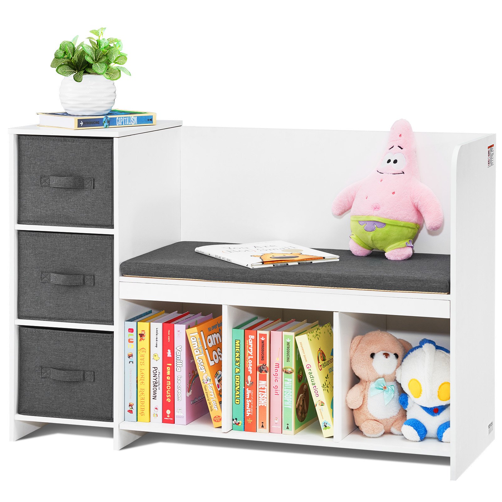 VEVOR Panca Portaoggetti per Bambini con 6 Scomparti 3 Cassetti, Libreria Panca con Angolo Lettura, Libreria, Scaffale per Bambini Piccoli con Cuscino di Seduta Staccabile, per Camera da Letto, Bianco