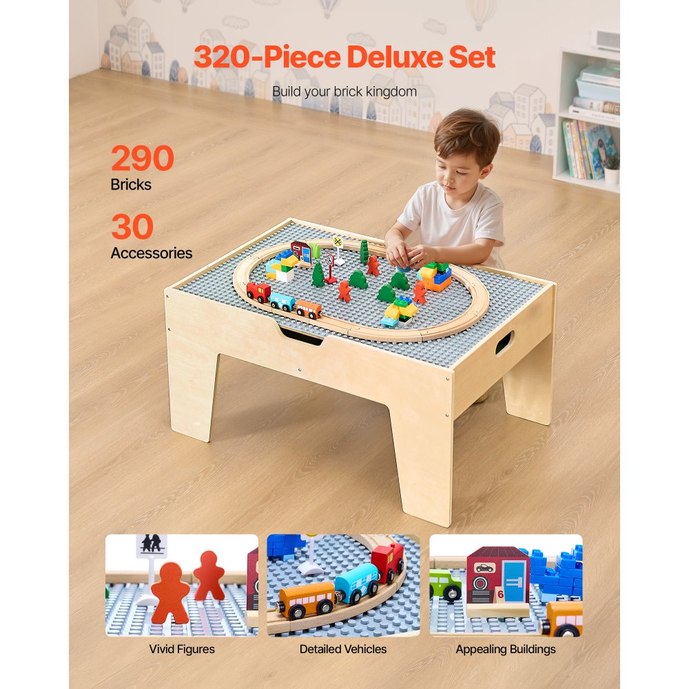 VEVOR Multi-Purpose Activity Play Table, 290 Building Bricks and 30-Piece Wooden Train Set Railway, Vehicles, Tracks and Accessories, Wooden Kids Activity Table with Storage Area for Kids Ages 3+
