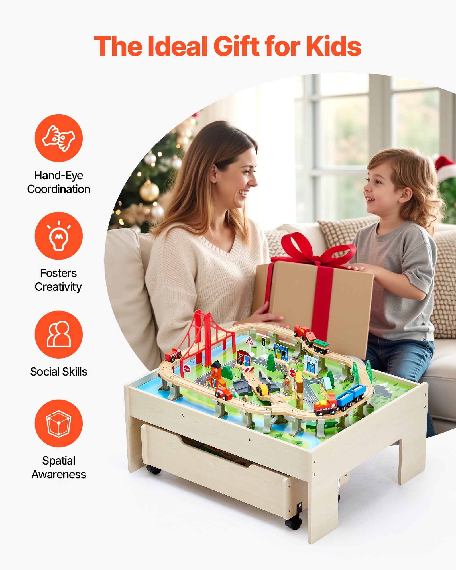 VEVOR Tavolo Ferroviario con Treni Binari Giocattolo, 100 PZ Multicolore in Legno, Set Trenini in Legno con Cassetto Portaoggetti con Ruote per Giocare, Disegnare, Set Giocattoli Creativi per Bambini