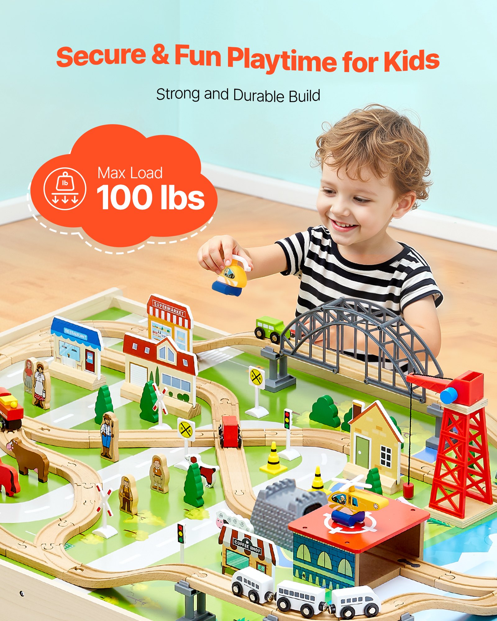 VEVOR Train Table, 120 Multicolor Pieces Wooden Kids Activity Table with Collapsible Storage Bin, 3-in-1 Wooden Train Set for Gaming, Drawing, Reading, Eating, Creative Toy Set for Kids Ages 3+