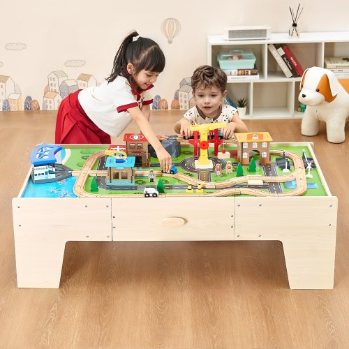 Set Di Trenini In Legno Con Tavolo Reversibile E Staccabile Cassetto Capiente Tavolo Da Gioco Per Bambini 80 Pezzi Set Di Trenini In Legno Con Tavolo Reversibile E Staccabile Cassetto Capiente Tavolo Da Gioco Per Bambini 80 Pezzi