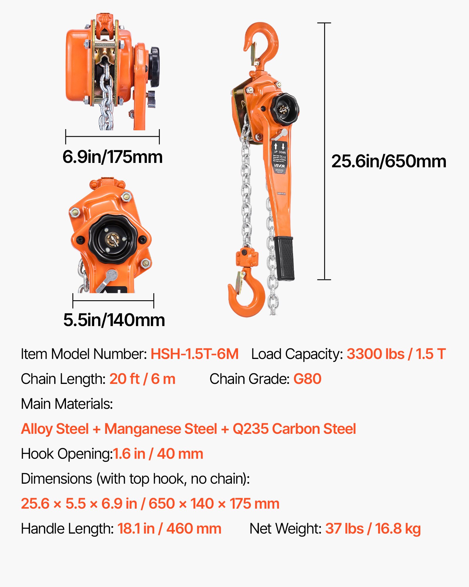 VEVOR Manual Lever Chain Hoist, 1-1/2T 1500KG Capacity Heavy Duty Come Along, 6M Lift G80 Alloy Steel Chain With Dual Pawl Mechanical Brake, 360° Rotating Hooks, for Warehouse Construction Garage