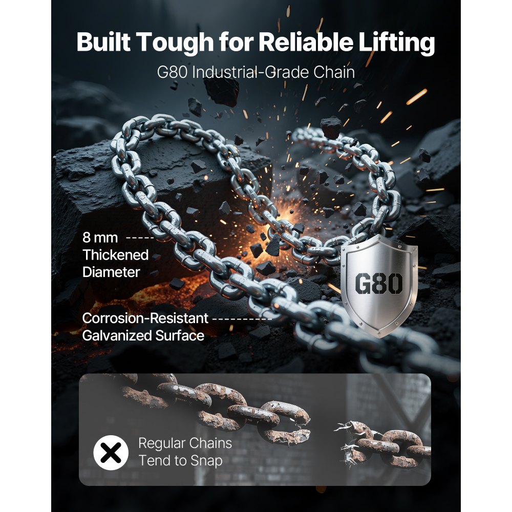 VEVOR Paranco a Catena Manuale a Leva, Capacità 1500 kg, Catena in Lega di Acciaio G80 con Sollevamento di 3 m e Freno Meccanico a Doppio Nottolino, Ganci Rotanti, per Magazzino Garage