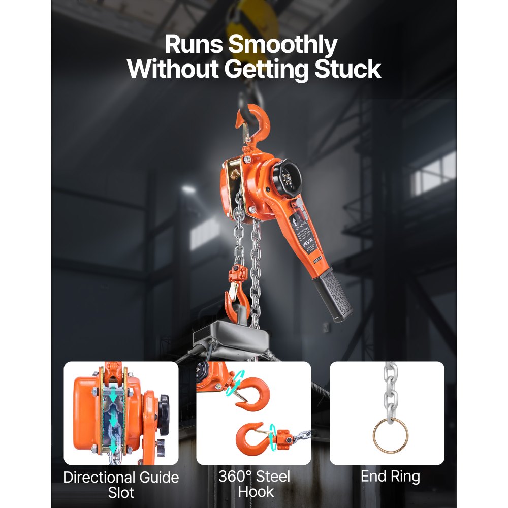 VEVOR Manual Lever Chain Hoist, 1T 1000KG Capacity Heavy Duty Come Along, 3M Lift G80 Alloy Steel Chain With Dual Pawl Mechanical Brake, 360° Rotating Hooks, for Warehouse Construction Garage