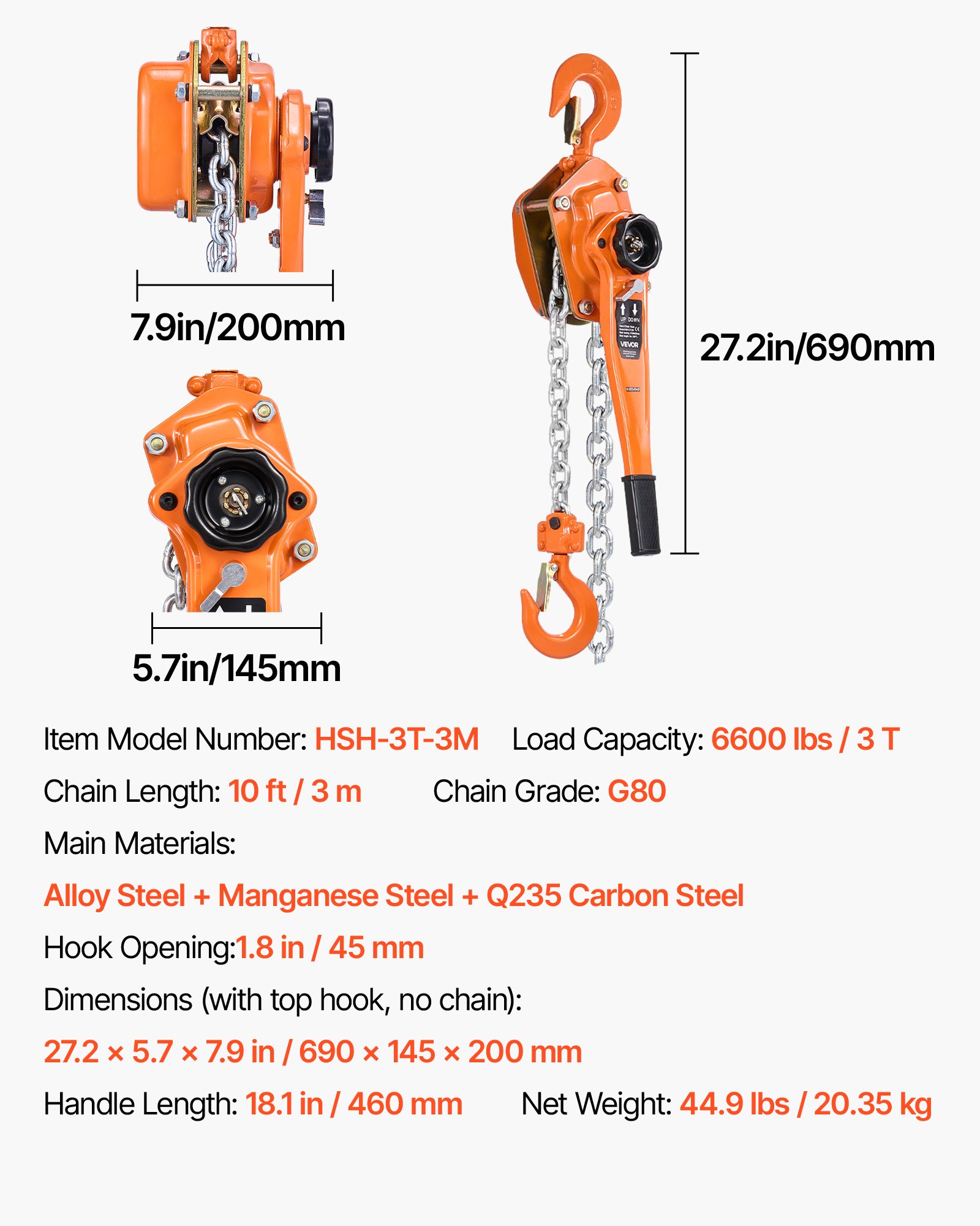 VEVOR Manual Lever Chain Hoist, 3T 3000KG Capacity Heavy Duty Come Along, 3M Lift G80 Alloy Steel Chain With Dual Pawl Mechanical Brake, 360° Rotating Hooks, for Warehouse Construction Garage