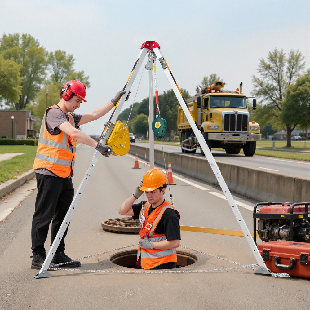 VEVOR Kit Treppiede per Spazi Confinati, Paranco di Sollevamento per Treppiede di Salvataggio per Impieghi Gravosi, Verricello da 1179 kg, Lunghezza Gambe Regolabili da 1,34 a 2,15 m, Cavo da 30 m