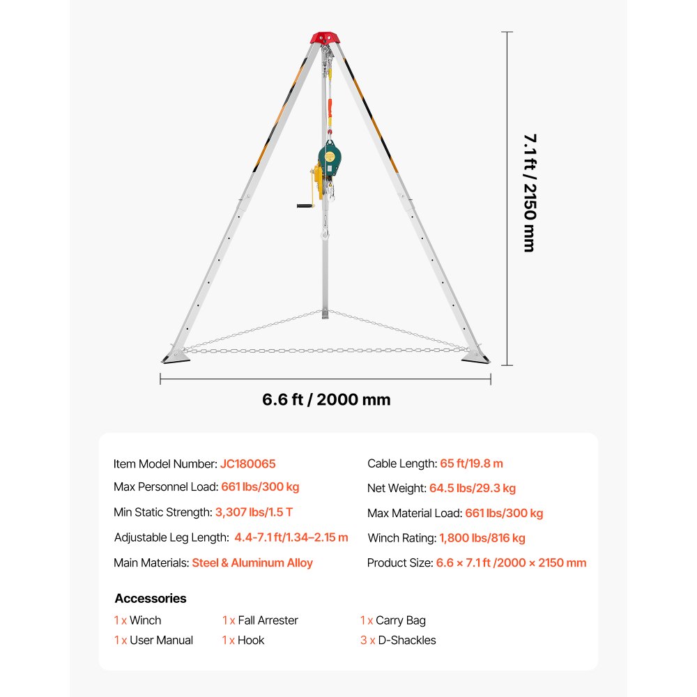VEVOR Kit Treppiede per Spazi Confinati, Paranco di Sollevamento per Treppiede di Salvataggio per Impieghi Gravosi, Verricello da 816 kg, Lunghezza Gambe Regolabili da 1,34 a 2,15 m, Cavo da 19,8 m